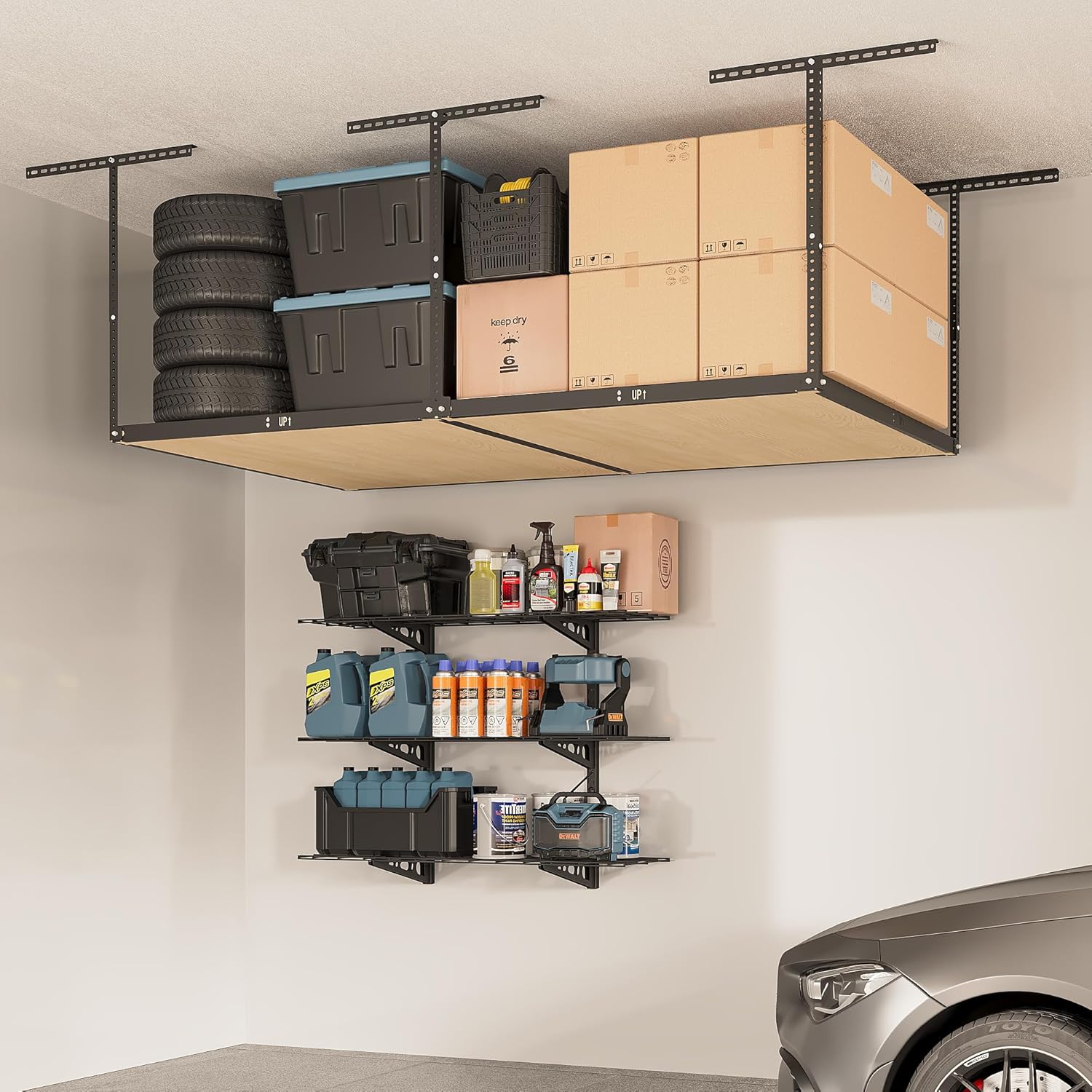 FLEXIMOUNTS 4x8 Overhead Garage Storage Rack without Decking, plus 3-Tier 1x4ft Wall Mounted Adjustable Shelving Unit, 450lbs+450lbs Capacity, Heavy-Duty Garage Organizer, Black