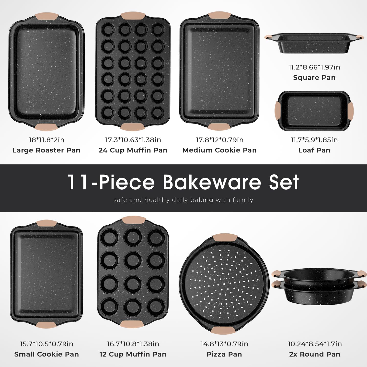 11-Piece Baking Pans Set, Nonstick Bakeware Sets, Oven Pans for Baking with Silicone Handles, Includes Cookie Sheet, Cake Pans, Loaf Pan, Pizza Pan, Muffin Pan, Khaki&Black