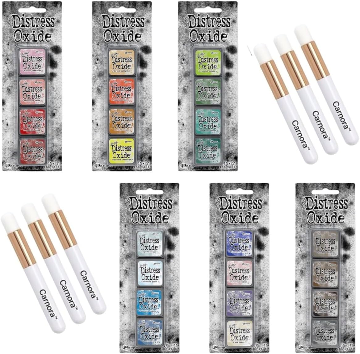Tim Holtz Ranger Mini Distress Oxide Ink Cube Pads, Kits 7, 8, 9, 10, 11, 12-24 Colors, 6 Carnora Blending Brushes