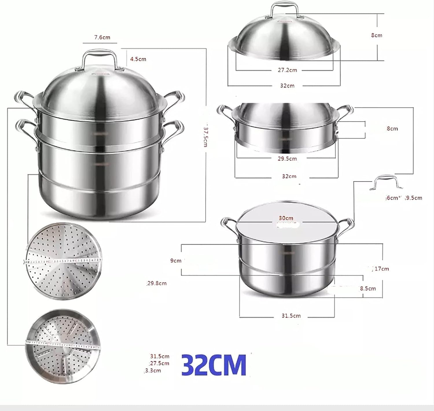 Cooking Pot/Steaming Pot/Stock Pot 304 Stainless Steel 3 Times Thicker Steamed Fish Large Capacity Steamer Gas Stove,32cm