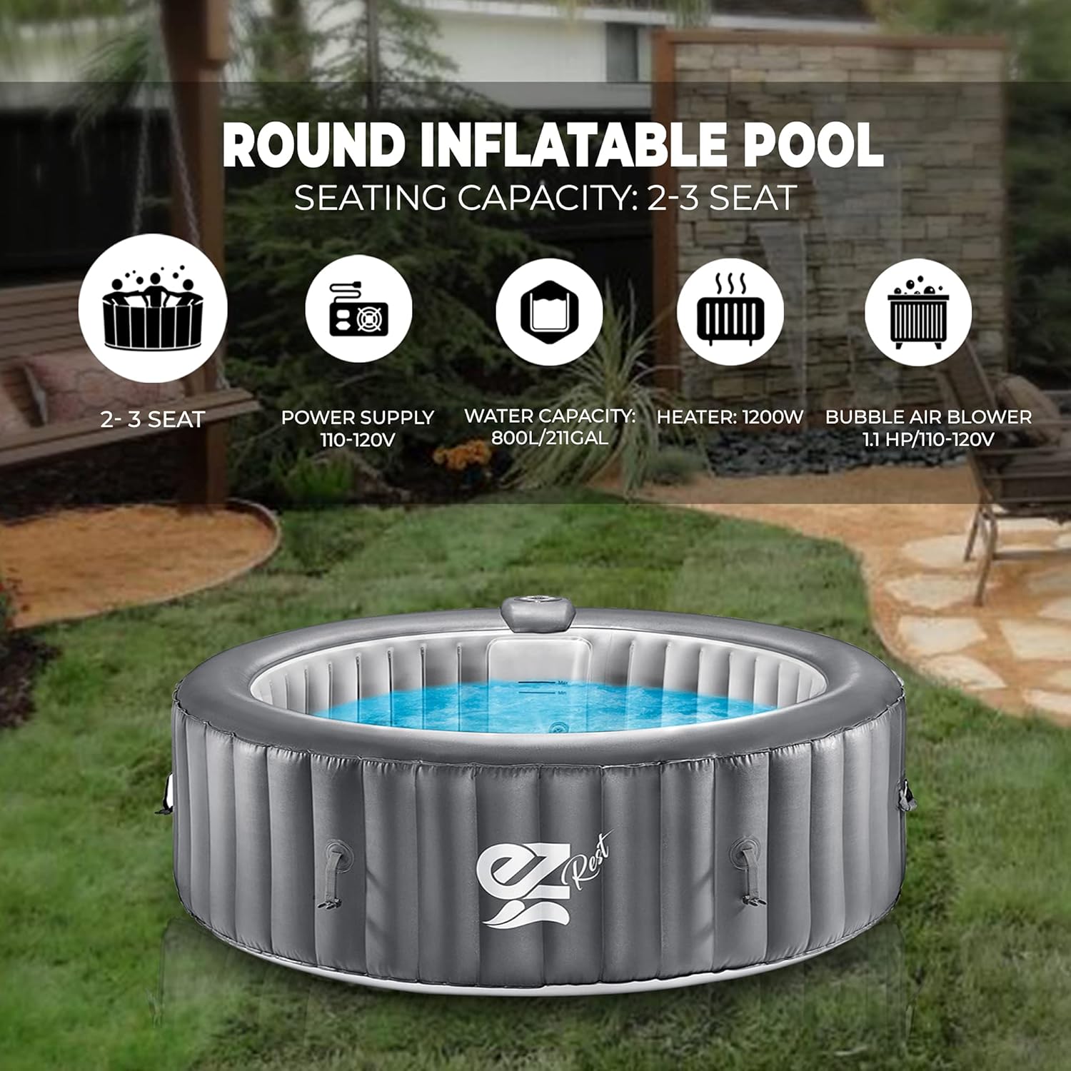 SereneLife Portable Inflatable Hot Tub Spa, 4-Seat Round Heated Pool with 100 Air Jets, Digital Panel, Remote Control, LED Color-Changing Lights and Cover – Ideal for Relaxation and Sleep Support