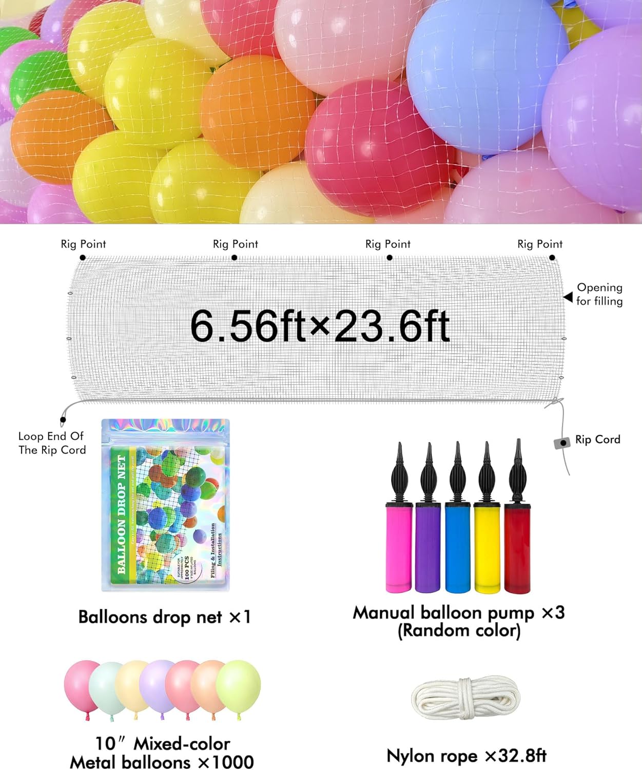 Balloon Drop Net for Ceiling Release,Balloon Release Net Bag Kit of 1000 Balloons, Pumps, Family Reunion Birthday Celebration, Graduation, Wedding, New Year Eve Party Decorations