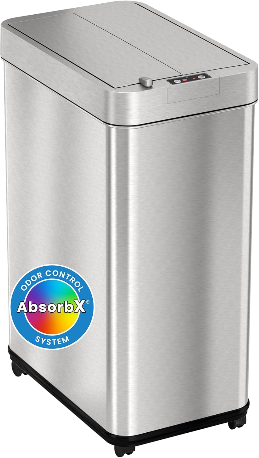 iTouchless 18 Gallon Wings-Open Mobile Wheeled Kitchen Trash Can with Lid and Odor Filter, Dog Proof Stainless Steel Garbage Bin for Home Office Work Bedroom Living Room Garage Slim Wastebasket