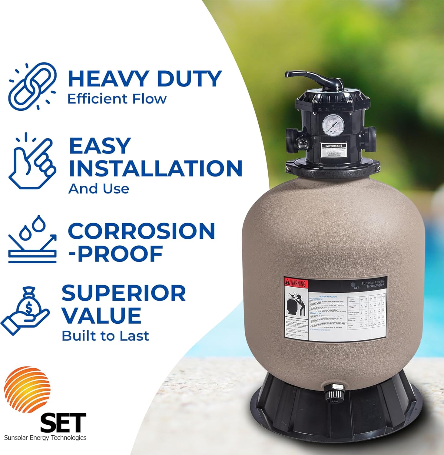 SUNSOLAR Swimming Pool Sand Filter — Corrosion-Proof Pool Cleaning Equipment — Water Filter for Pool to Remove Debris — 19-Inch Diameter Tank with 175 lbs Sand Capacity
