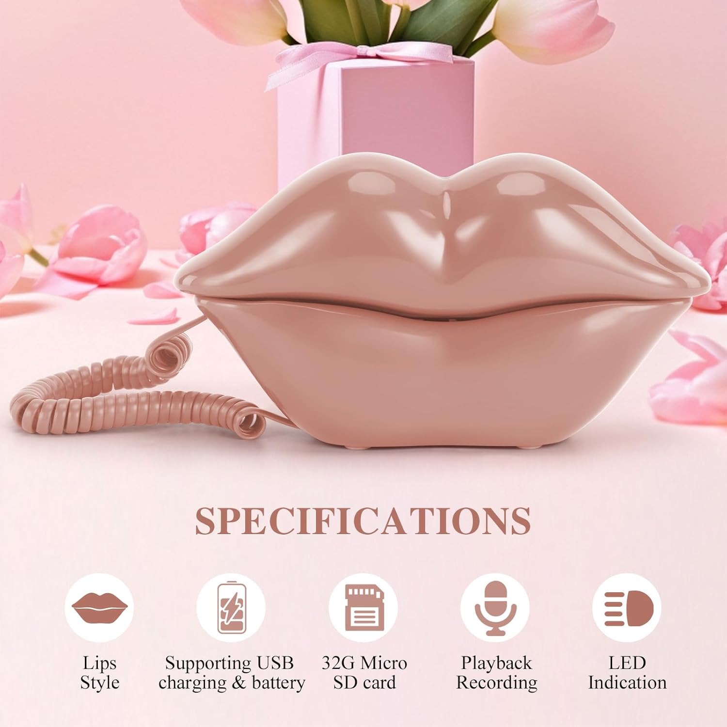 UKBW Audio Guest Book Wedding Phone, 32G Record Customized Audio Message,Interesting Mouth Lip-Shaped Audio Guestbook for Birthdays Parties Confessions Special Occasions (Pink)