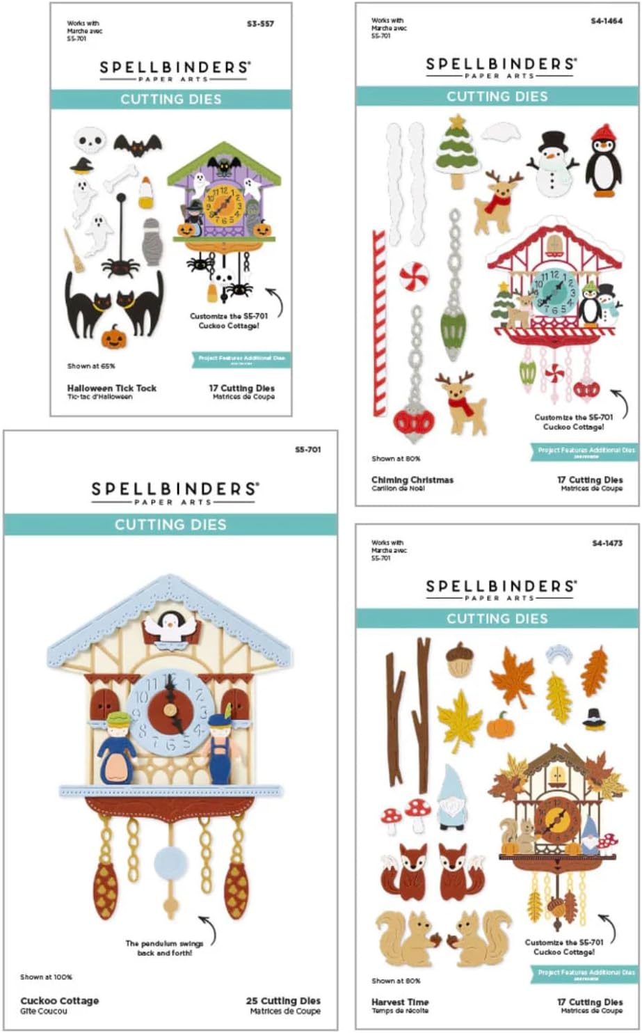 Spellbinders Cuckoo Cottage Die Bundle, 4 Themed Die Sets, Halloween Tick Tock, Chiming Christmas, Harvest Time, Cuckoo Cottage