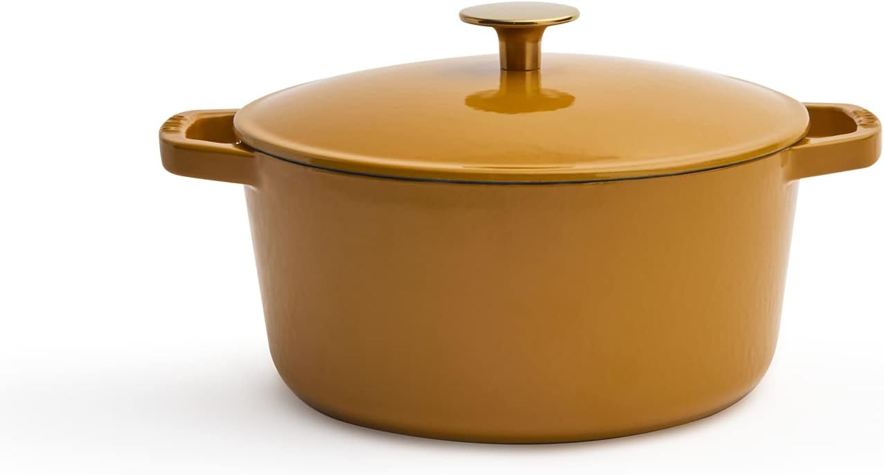 Milo by Kana 3.5-quart Enameled Cast Iron Dutch Oven with Lid | Premium Casserole Cooking Pot | Enamel Coating Inside and Out | Oven Safe and Dishwasher Friendly (Dijon with Gold Knob)