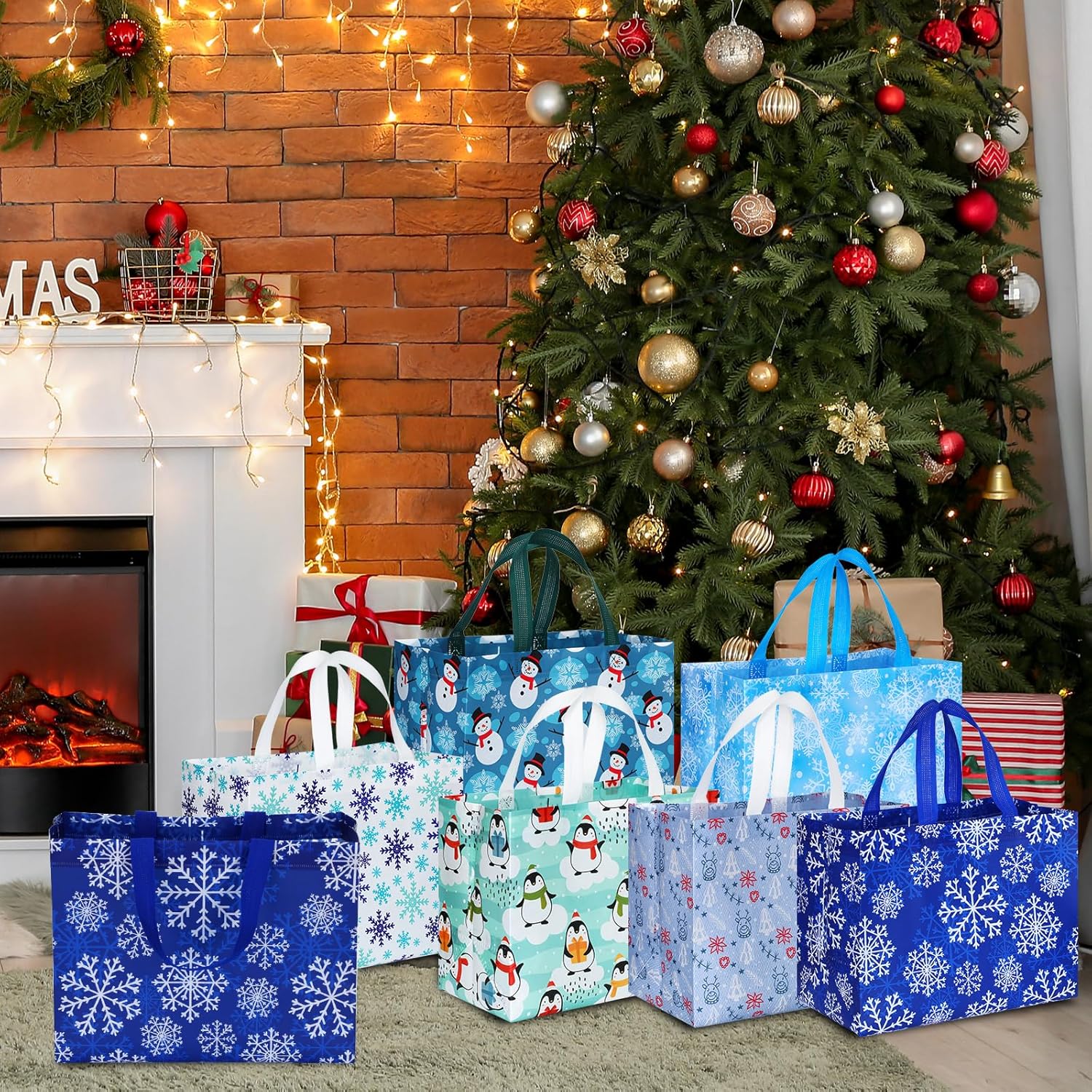 Sanwuta 150 Pcs Christmas Gifts Bags Bulk Large Tote Treat Bags with Handles Snowman Santa Snowflake Penguin Reusable Non Woven Gifts Pocket for Xmas Holiday Wrapping Shopping 12.8 x 9.8 x 6.7 in