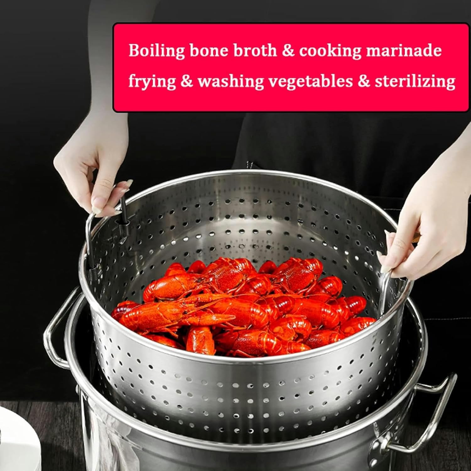 Restaurant Kitchen Stainless Steel Pasta Seafood Basket Steamer Pot Soup Stock Pots with Boiling Basket for Lobster Crab Boil and Shrimp Boil / 63qt(27qt)