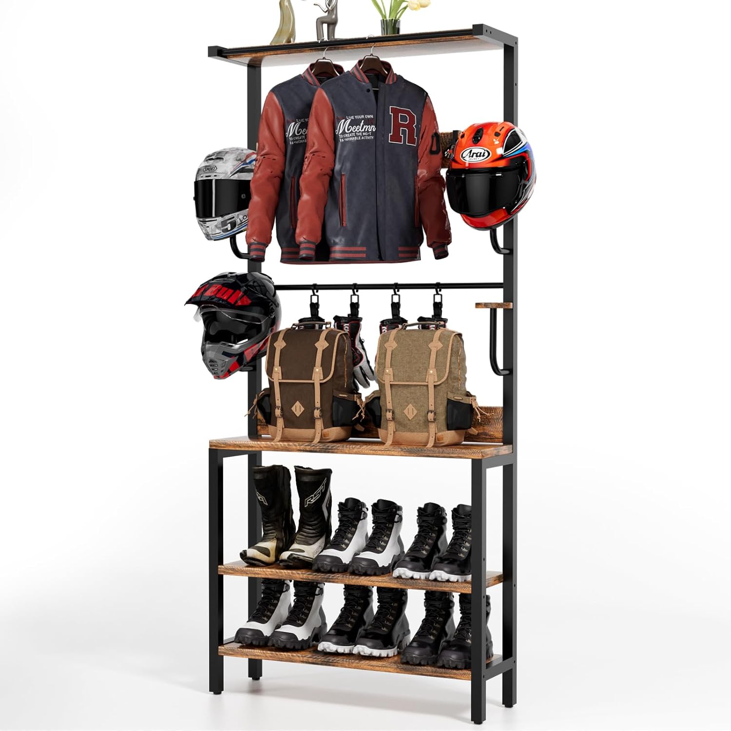 Motorcycle Helmet Holder Floor Mounted Stand, Helmet Holder Wall Mount with Helmet Rack, 4 Glove Chips and 4 Hooks, Rustic Helmet Holder and Motorcycle Helmet Rack for Most of Helmet