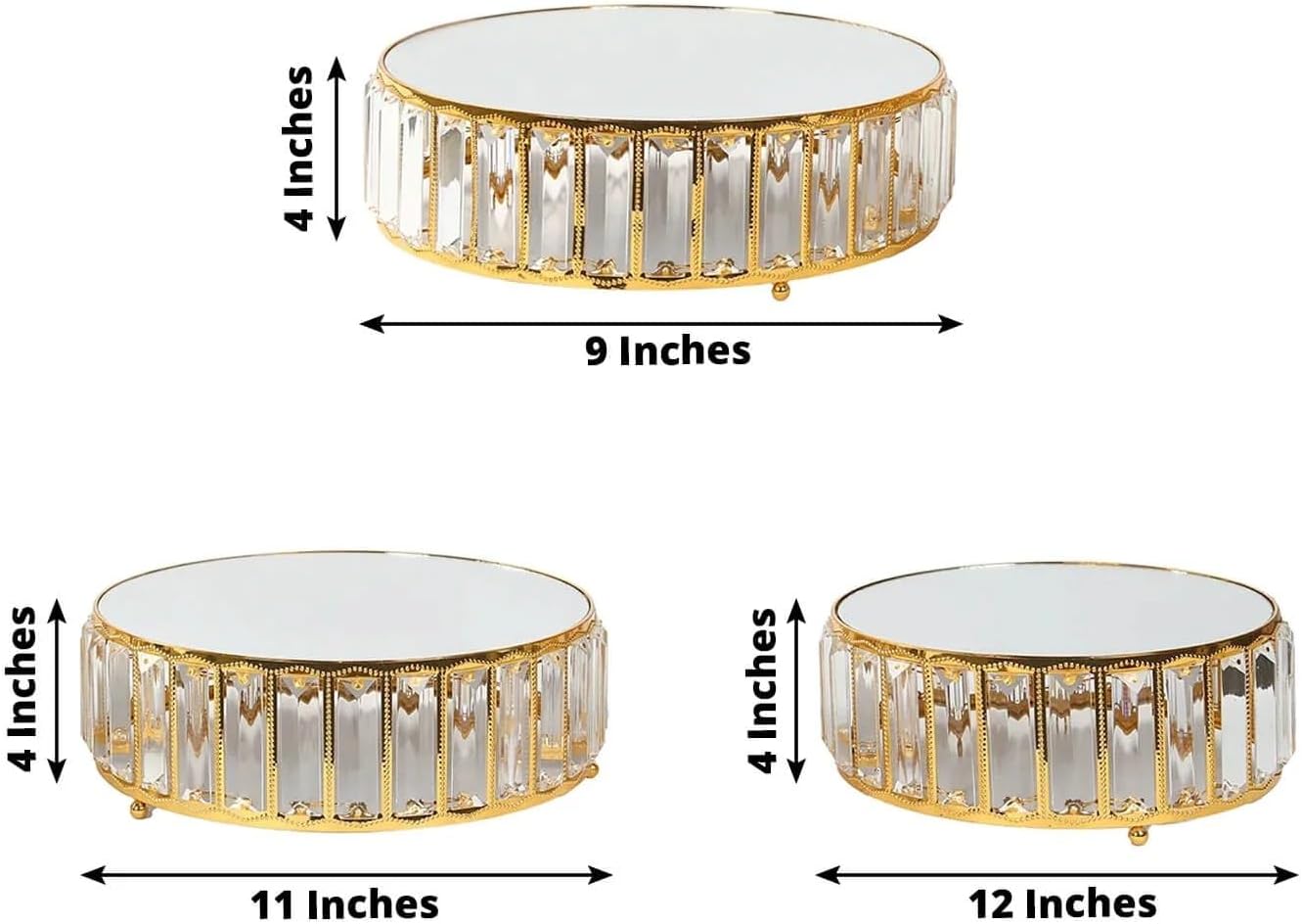 3 Gold Round Stackable Metal Cake Stands with Crystal Pendant and Mirror Top Wedding Birthday Party Display Dessert Riser Pedestal Centerpieces