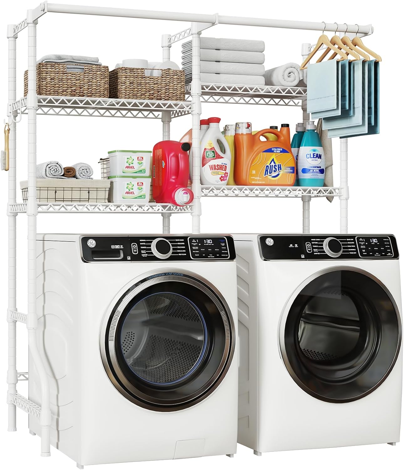U14 Over Washer and Dryer Storage Shelves, 4 Tiers Laundry Room Storage and Organizer System, Space Saving Clothes Drying Rack with 2 Clothes Hanger Rods, 66.5