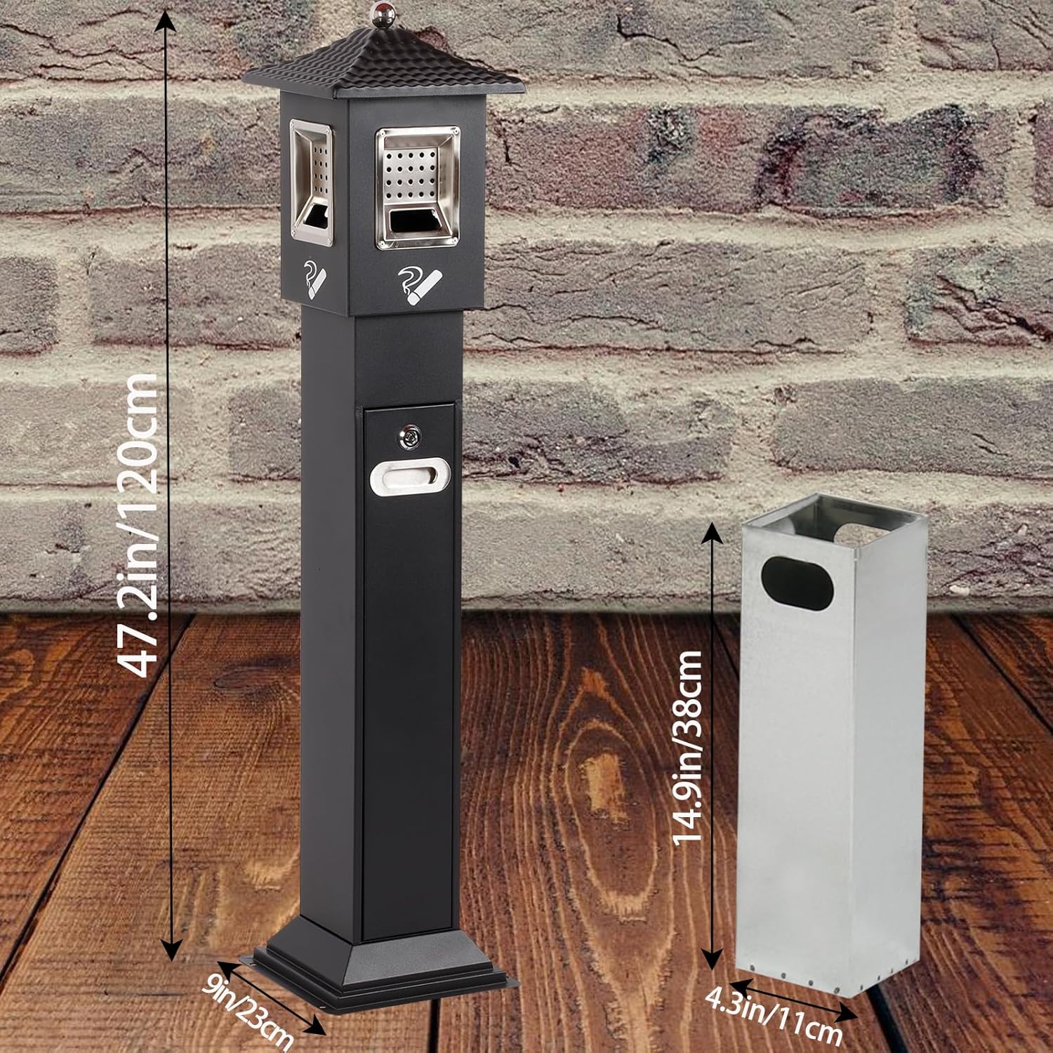 120cm Standing Waste Containers Trash Cans, Rubbish Bin Indoor Outdoor Stainless Steel Vertical Freestand Trash Bin with Key,Pub Hotel Restaurant Garden Standing Bin (A)