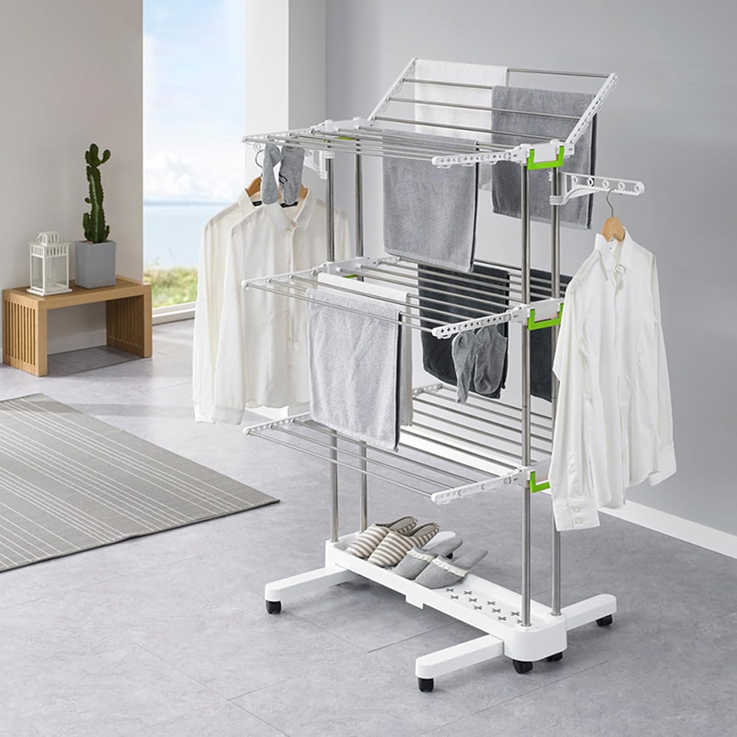 Ergocar Airer Clothes Drying Rack, 4-Tier Foldable Clothes Hanger, Adjustable Stainless Laundry Dryer Hanger, Rolling Clothes Drying Rack with Wheels, for Indoor & Outdoor, White