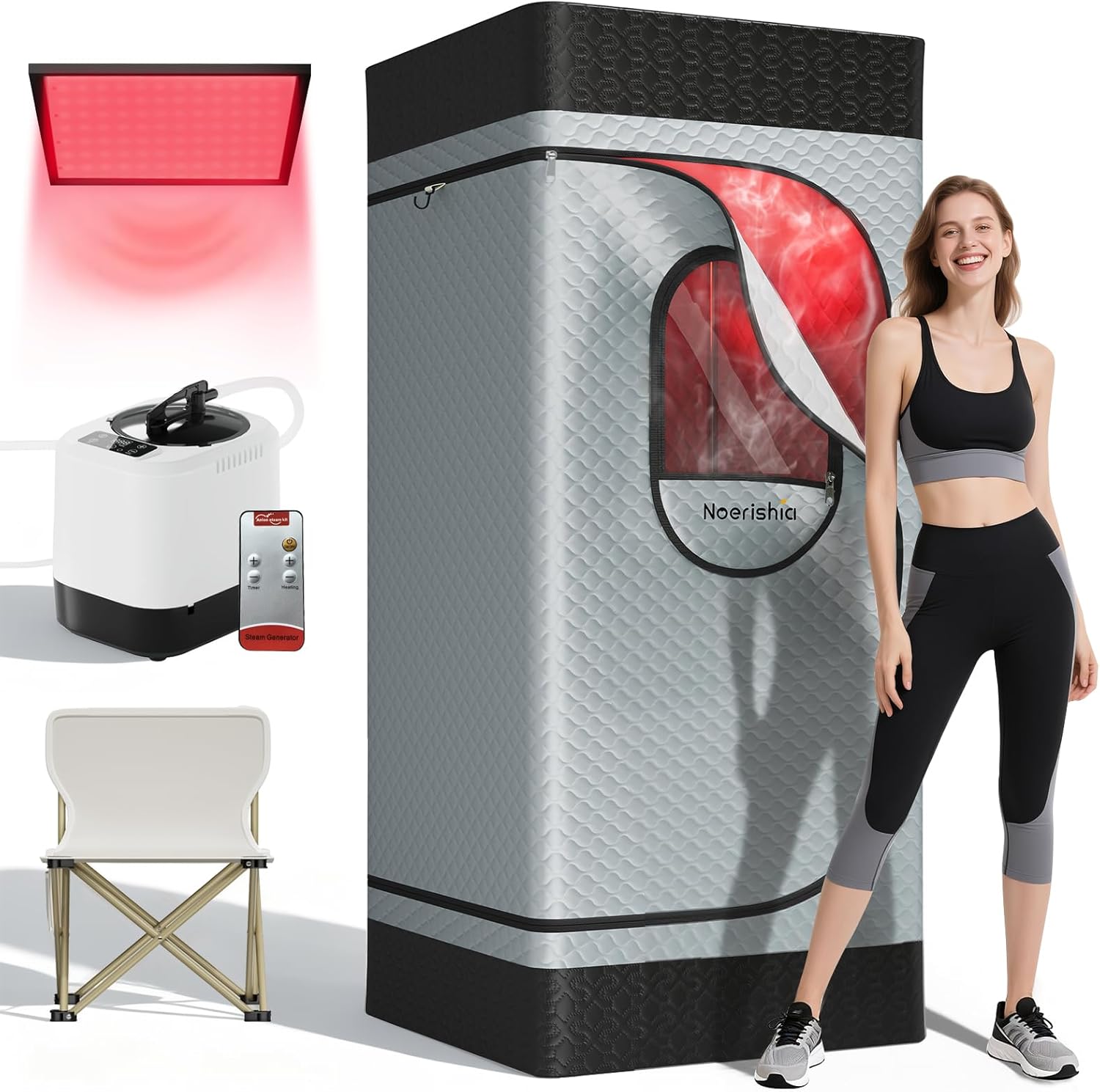 Portable Infrared Sauna Box for Home with 3L 1200W Steamer, Big Folding Chair, 99 Mins Timer, 9 Levels, Noerishia Steam Sauna Tent with 660nm + 850nm Red Light Therapy, for Home Spa Detoxification
