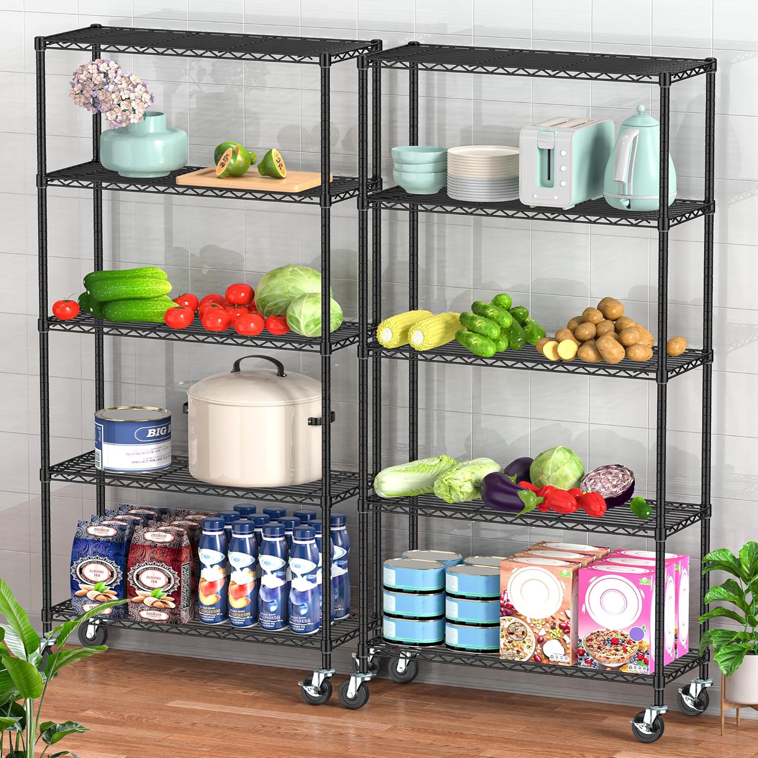 Heavy Duty Storage Shelves 5-Tier, Wire Shelving Unit with Wheels & Adjustable Feet Metal Shelf Rack for Garage, Kitchen, Pantry, Laundry Room 400 Lbs Per Shelf - 14x36x75
