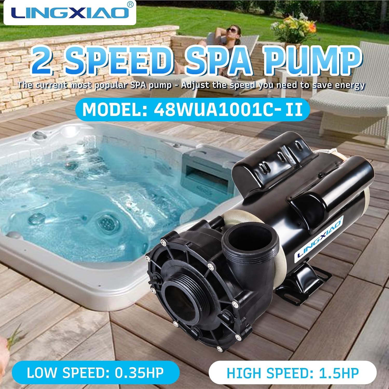 SPA Pump, 2 Speed Hot Tub SPA Pump - 1.5HP LX SPA Motor, 115V, 2