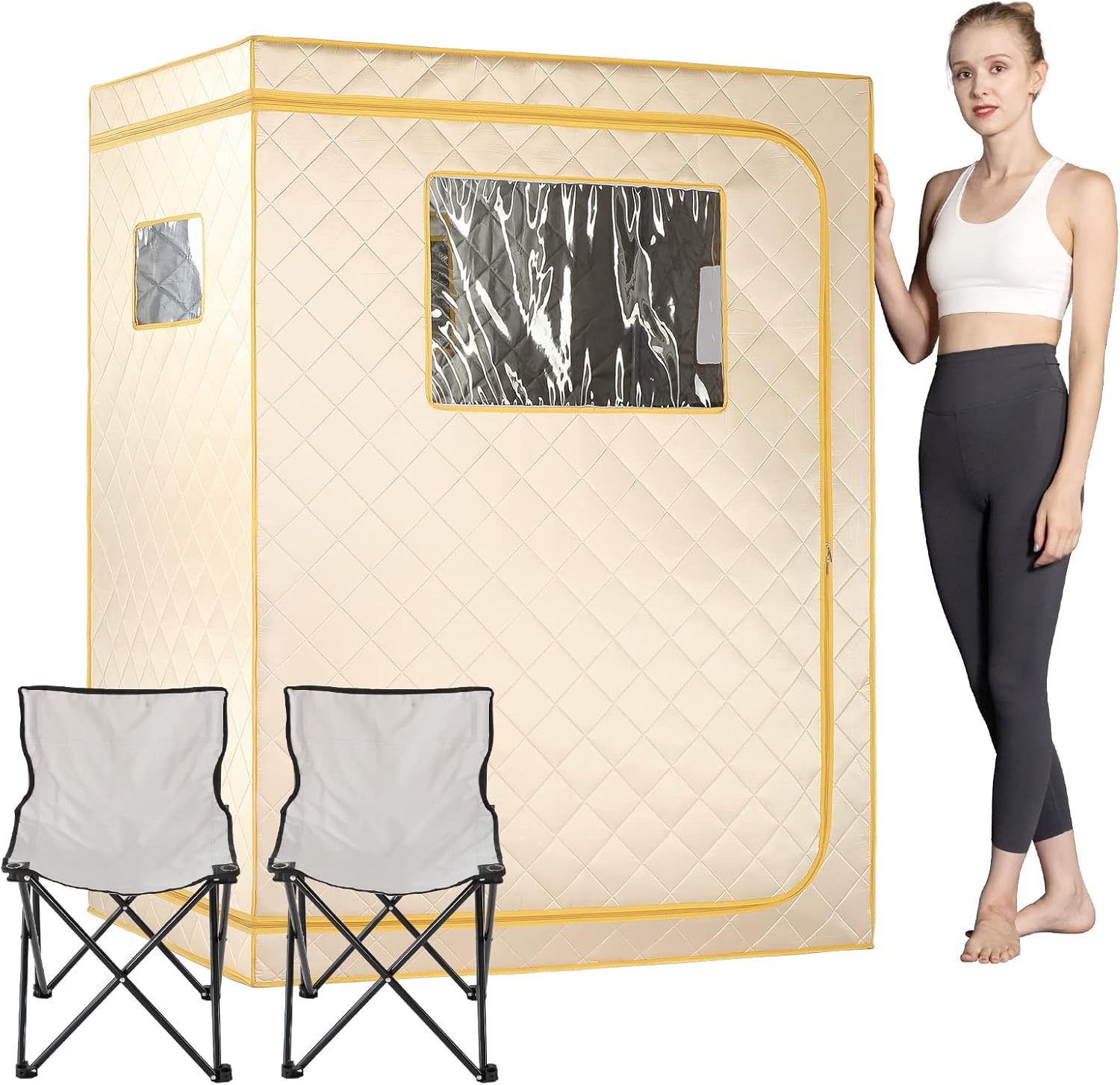 Smartmak Full Size Far Infrared Sauna, Two Person Red Light Therapy Home SPA with Time & Temperature Remote, Chairs, Light, Oversized 1 or 2 Person Privacy Indoor Saunas for Relaxation, Beige