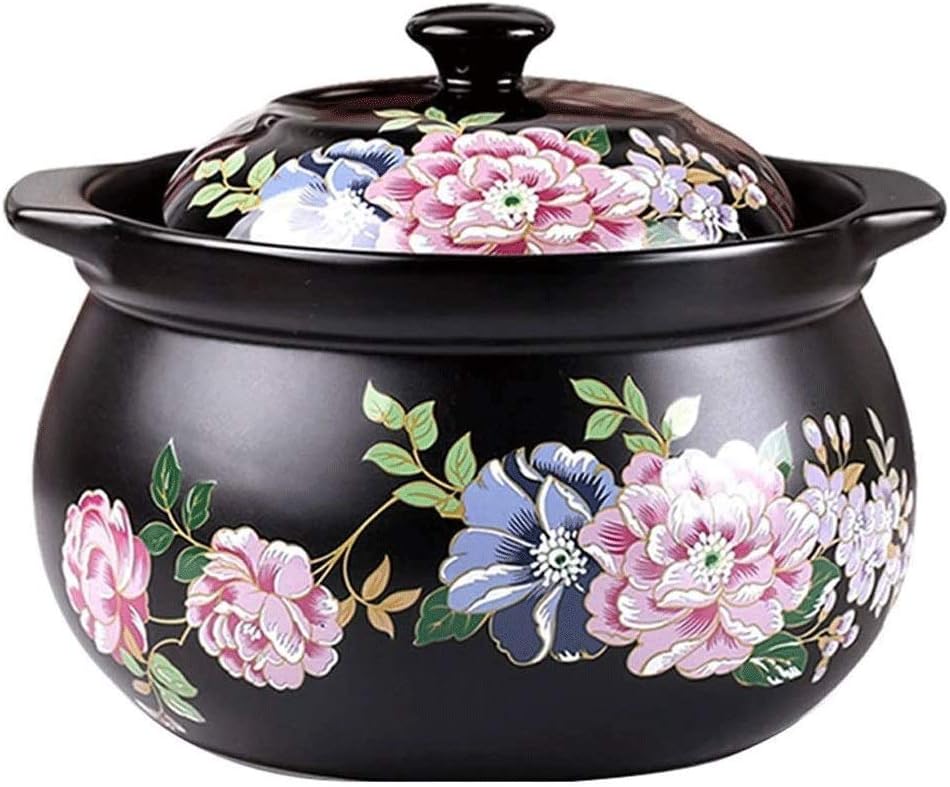 Ceramic Casserole Heat-resistant Clay Pot Flower Pattern Earthen with Two Handle Japanese Painting Cookware with Lid for Kitchen Soup Stew