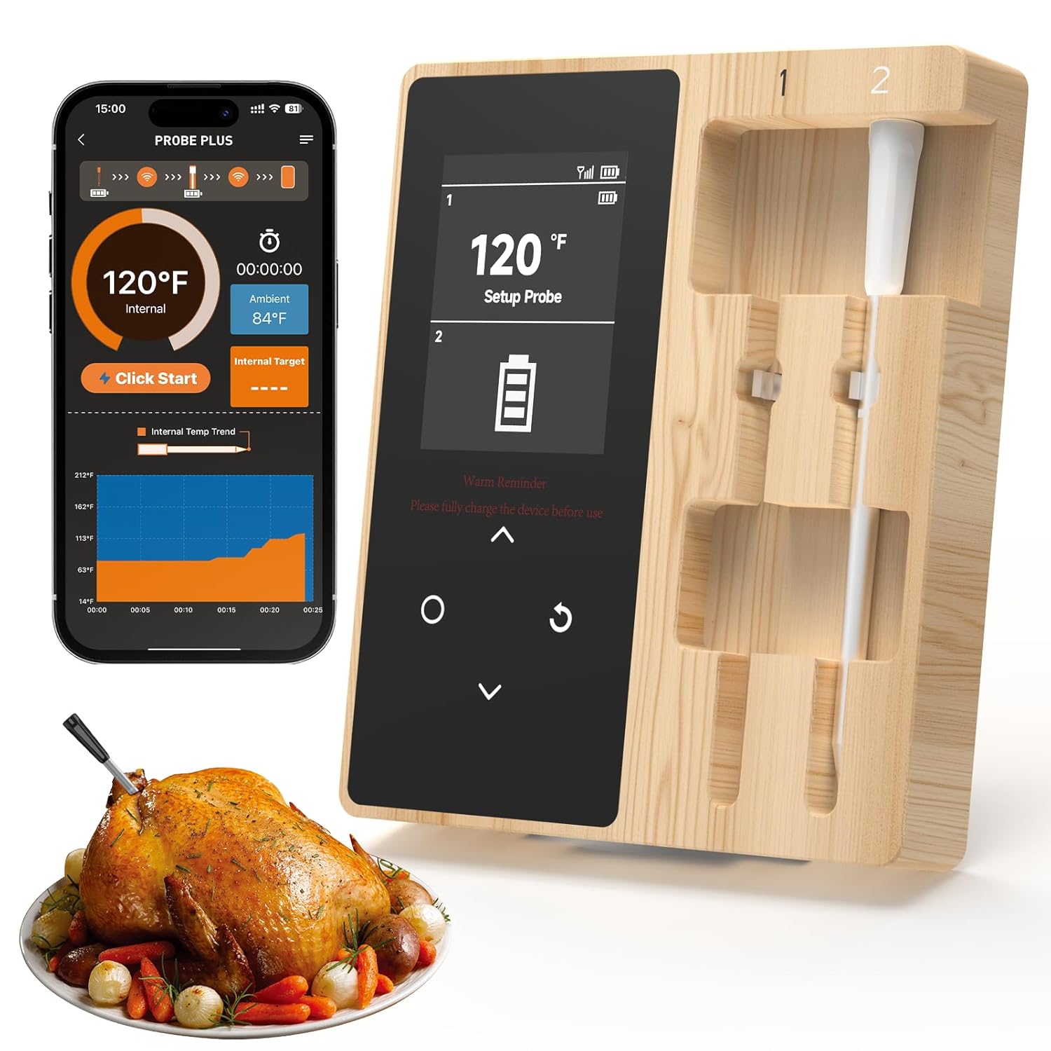 Smart Wireless Meat Thermometer with 2 Color-Coded Probes,Standalone Display Base, Accuracy ±1°F，Digital Bluetooth Thermometer for Cooking, Oven, Smoker, BBQ, Grill Real-Time Monitoring in App