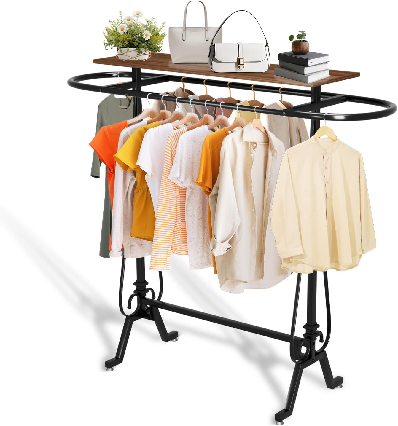 Retail Clothing Rack, Round Garment Rack Display Stand with Topper, Floor Standing Clothes Hanger for Boutique Home Commercial (Black)