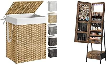 SONGMICS Laundry Hamper with Lid, LED Jewelry Cabinet Standing with Full-Length Mirror, ULCB51NL and UJJC25X01