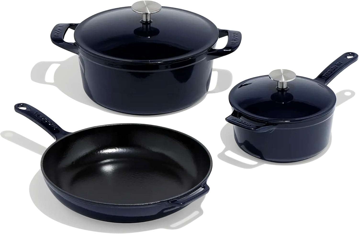 Made In Cookware - 5 Pc Enameled Cast Iron Set - Blue - Includes Dutch Oven w/Lid, Skillet and Saucepan w/Lid - Exceptional Heat Retention and Durability - Professional Cookware - Crafted In France