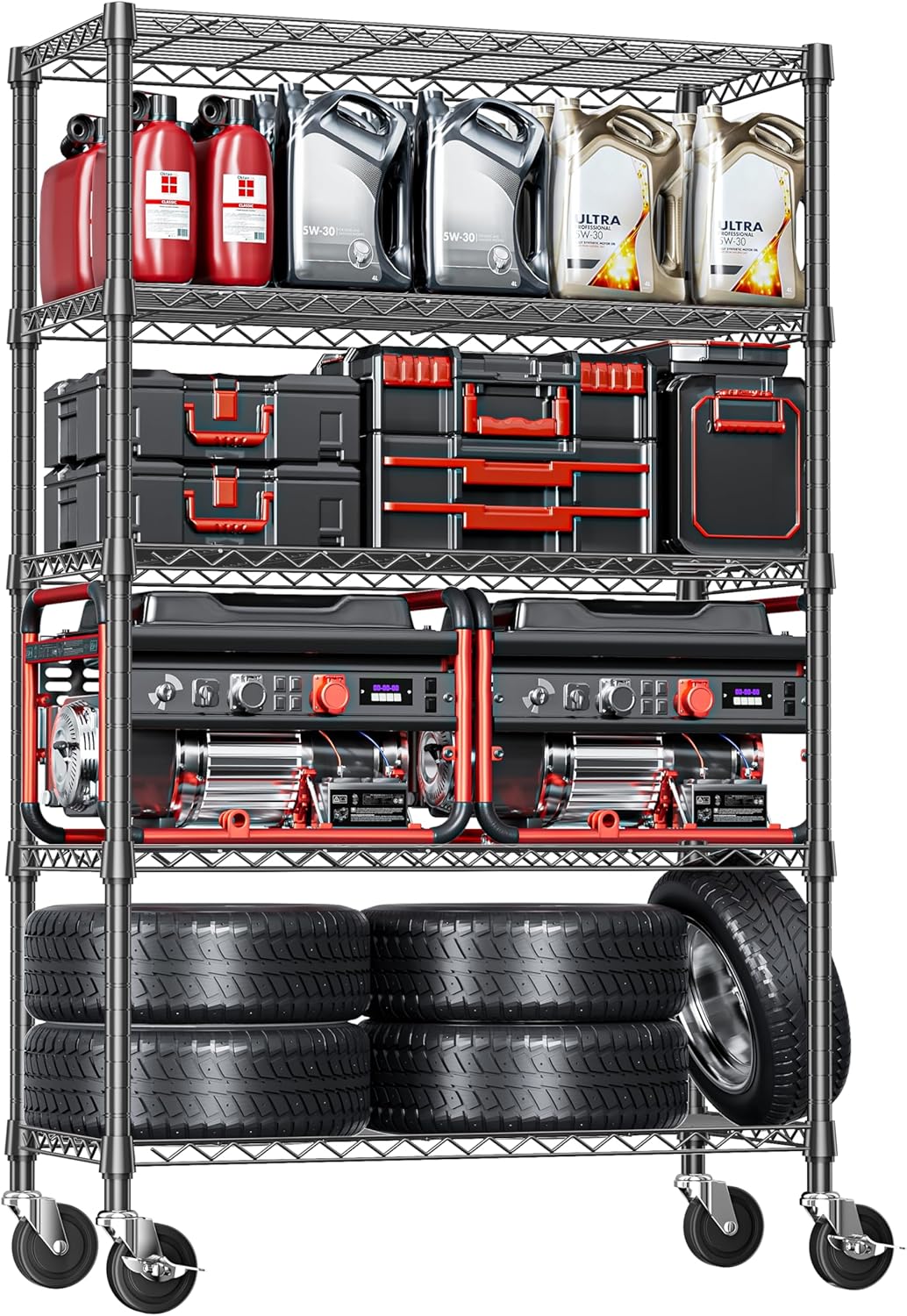 IZEUK 5-Tier Adjustable Heavy Duty Steel Wire Shelving Unit with Wheels, Storage Rack Organizer for Garage, Kitchen, Office, Laundry, Basement (Black, 17.7