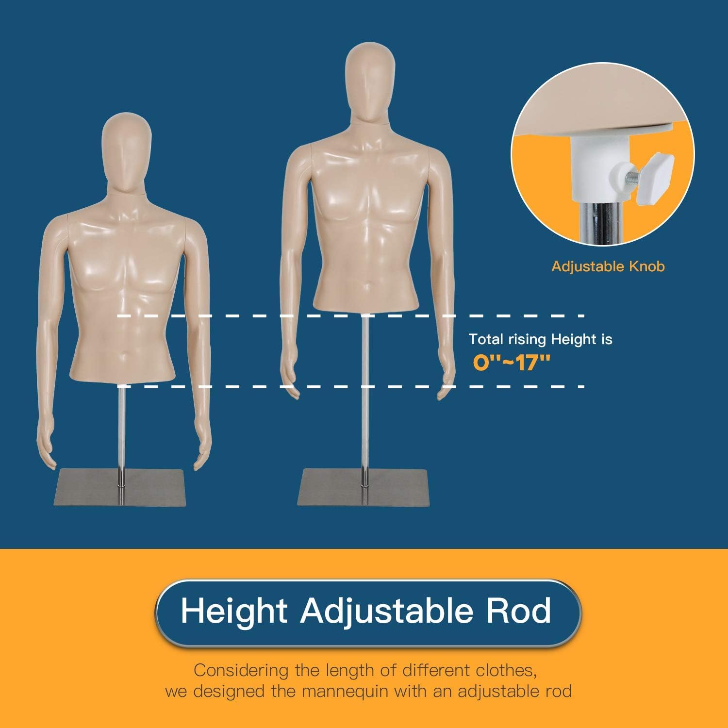 Female/Male Mannequin 39-56/42-59 Inch Height Adjustable Torso Dress Form Sewing Manikin Dress Model Stand Display Head Dress Mannequin Clothing Form Metal Base Stand (42-59Inch)