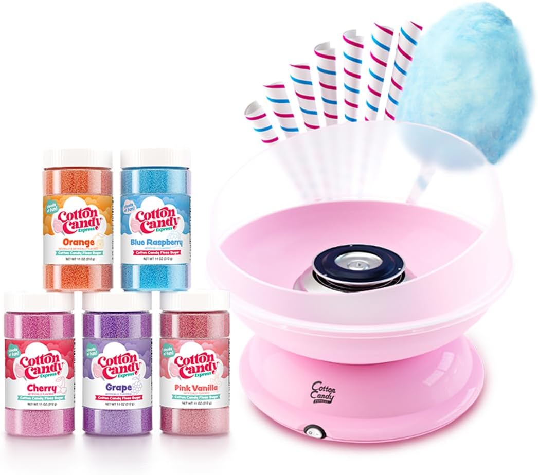 Cotton Candy Express CC1000-S Cotton Candy Machine, with 5 - 11oz. Jars of Cherry, Grape, Blue Raspberry, Orange, Pink Vanilla Floss Sugar & 50 Paper Cones Easy to Use and Clean