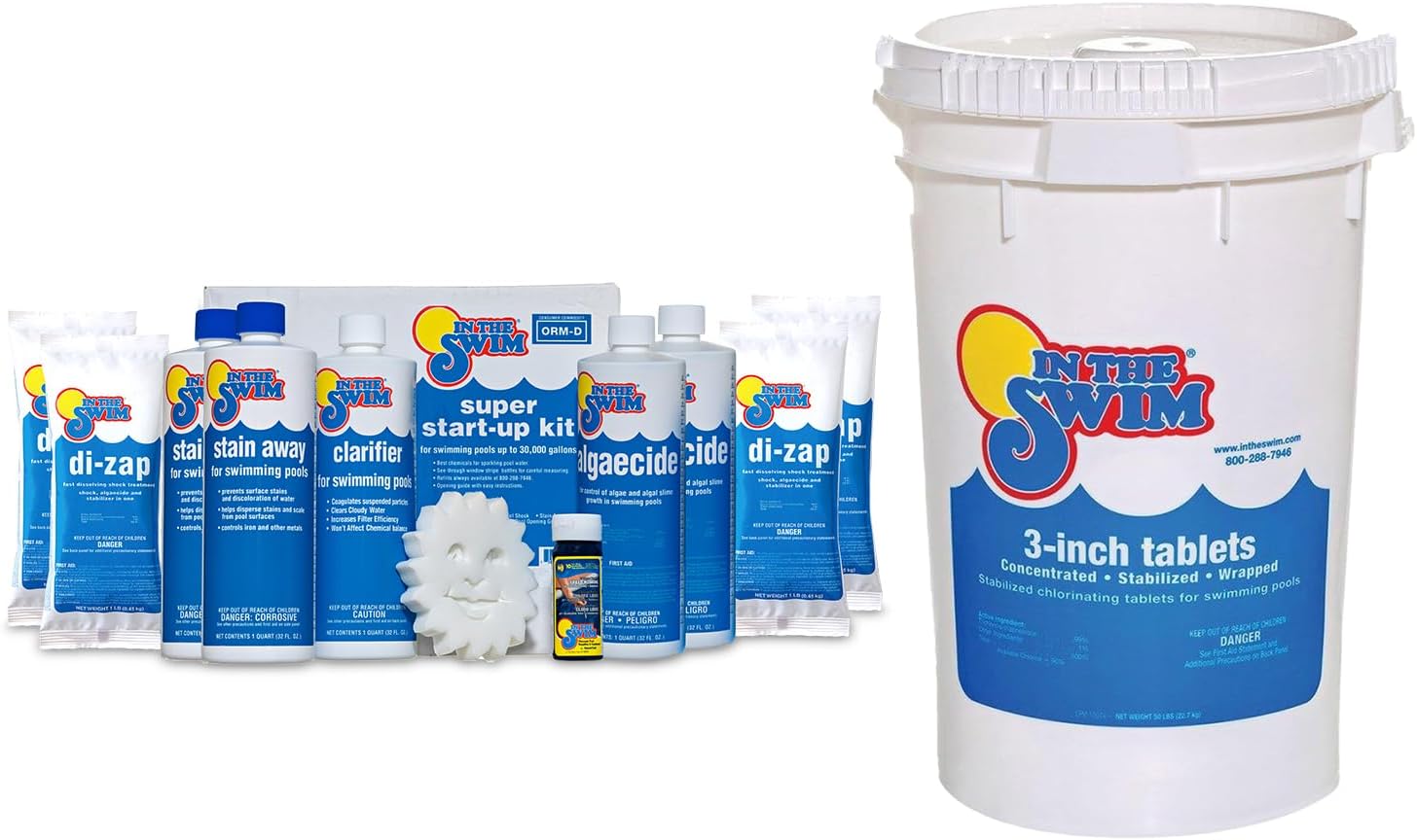 In The Swim Opening Kit and Chlorine Bundle - Pre-Measured Opening Kit for Easy Use - 50 Pound Bucket of 3-Inch Stabilized Chlorine Tablets - for Inground and Above Ground Pools Up to 35,000 Gallons