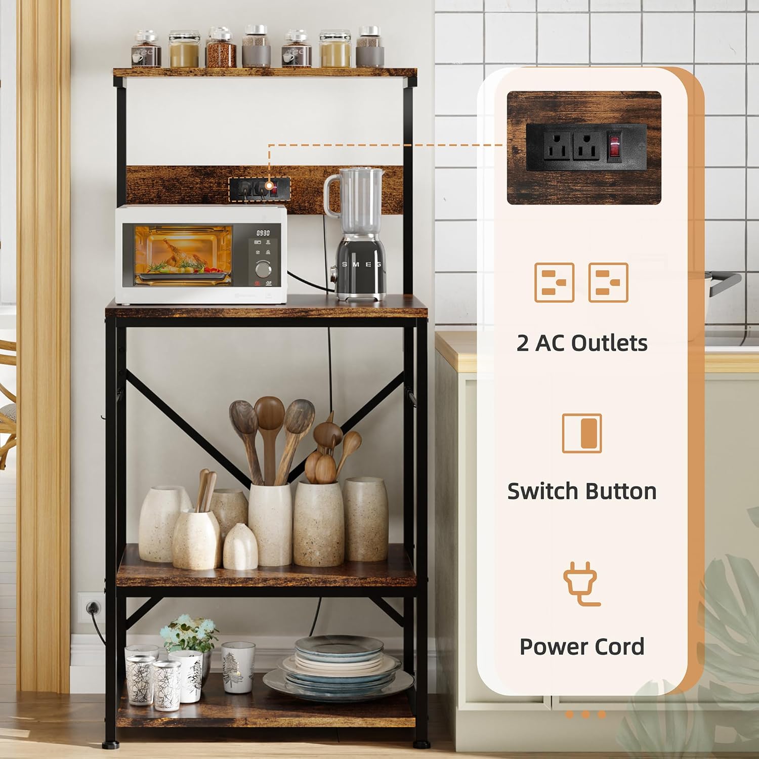 Shintenchi Bakers Rack with Power Outlet, Kitchen Organizer and Storage with 6 Hooks, Microwave Oven Stand, Kitchen Shelf for Spice, Coffee Station, Coffee Bar Table (Vintage Brown)