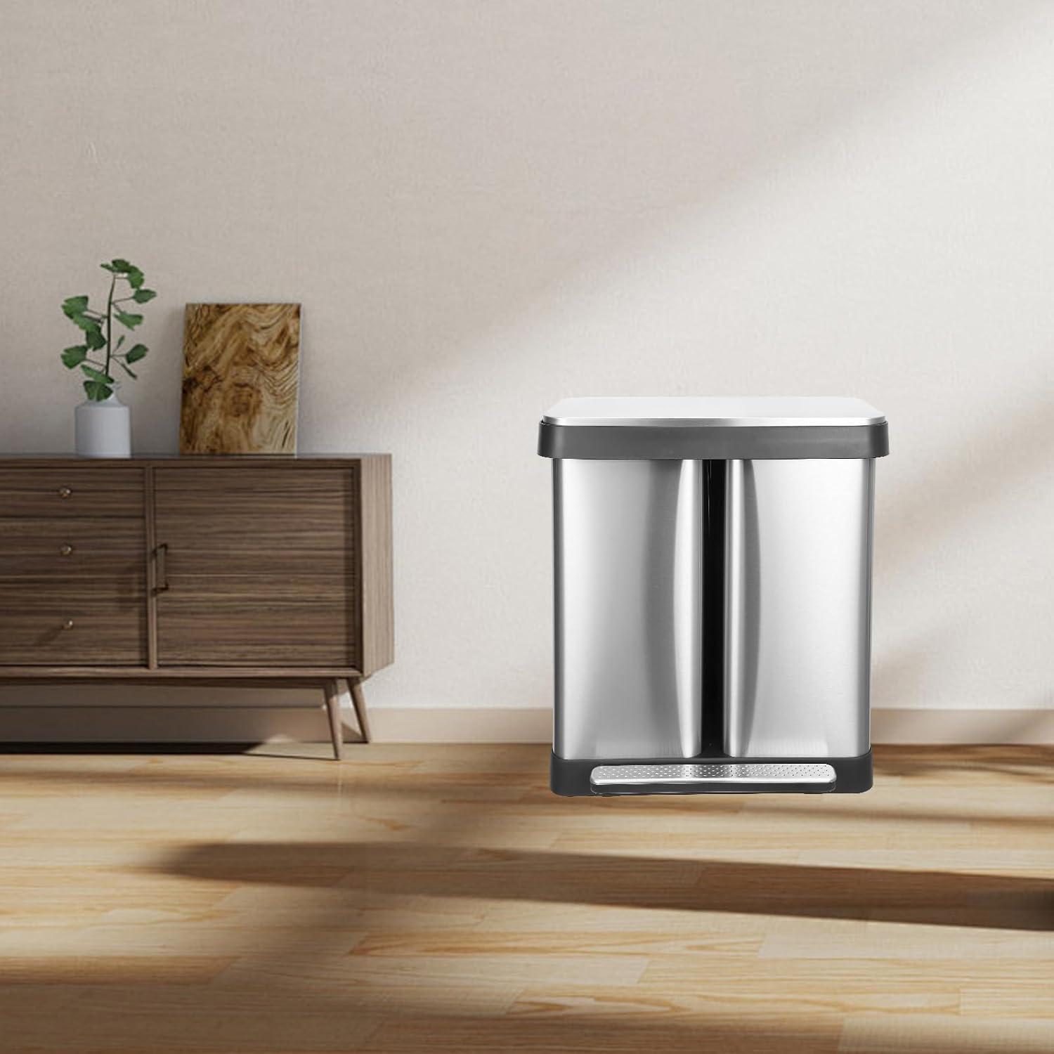 GarveeHome 16 gal Dual Trash Can, 30 L+30 L Stainless Steel Soft Close Dual Garbage & Recycle Bin with 2 Removable Inner Buckets, Foot Pedal for Kitchen Living Room Office