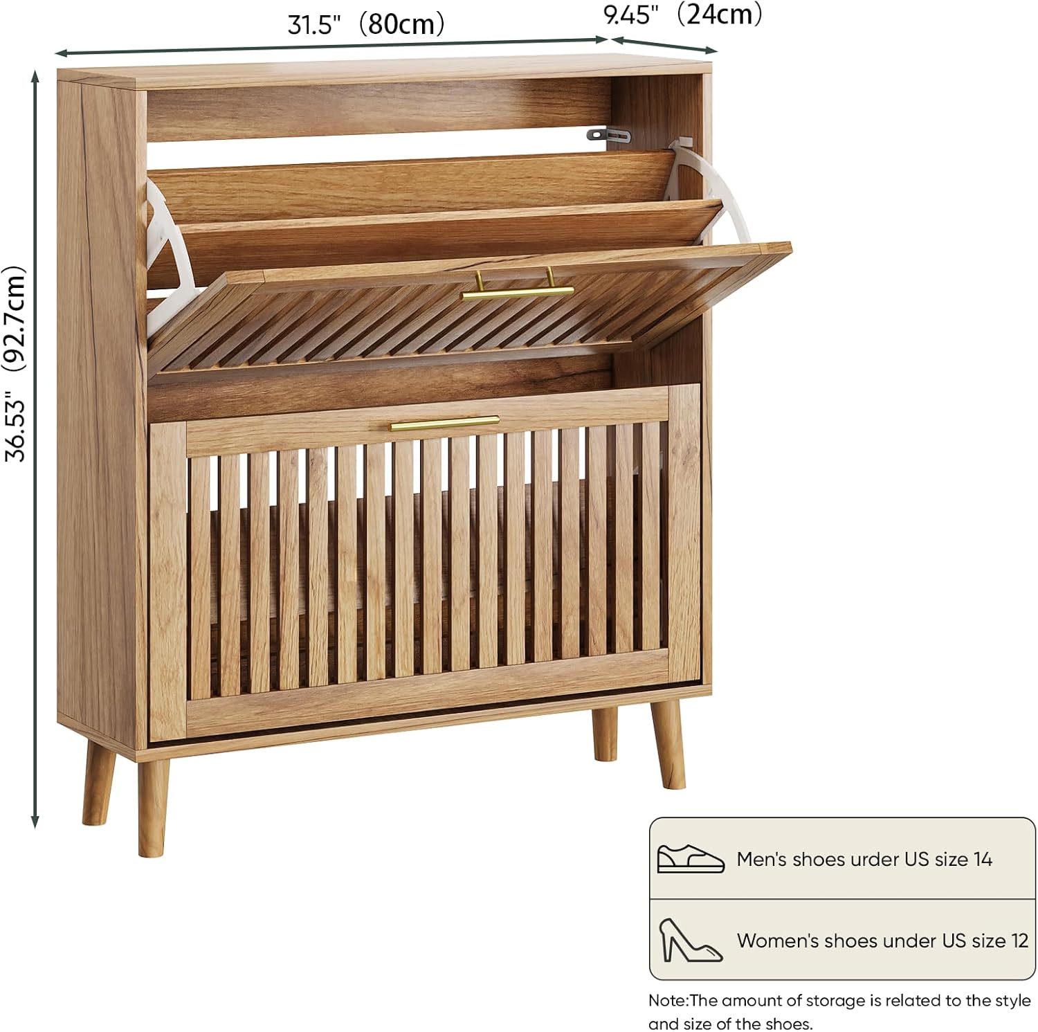 Shoe Storage Cabinet with 2 Flip Louvered Drawers, Narrow Wood Shoe Cabinet with Gold Handle, Hidden Entryway Shoe Organizer for Hallway, Foyer, Natural Oak