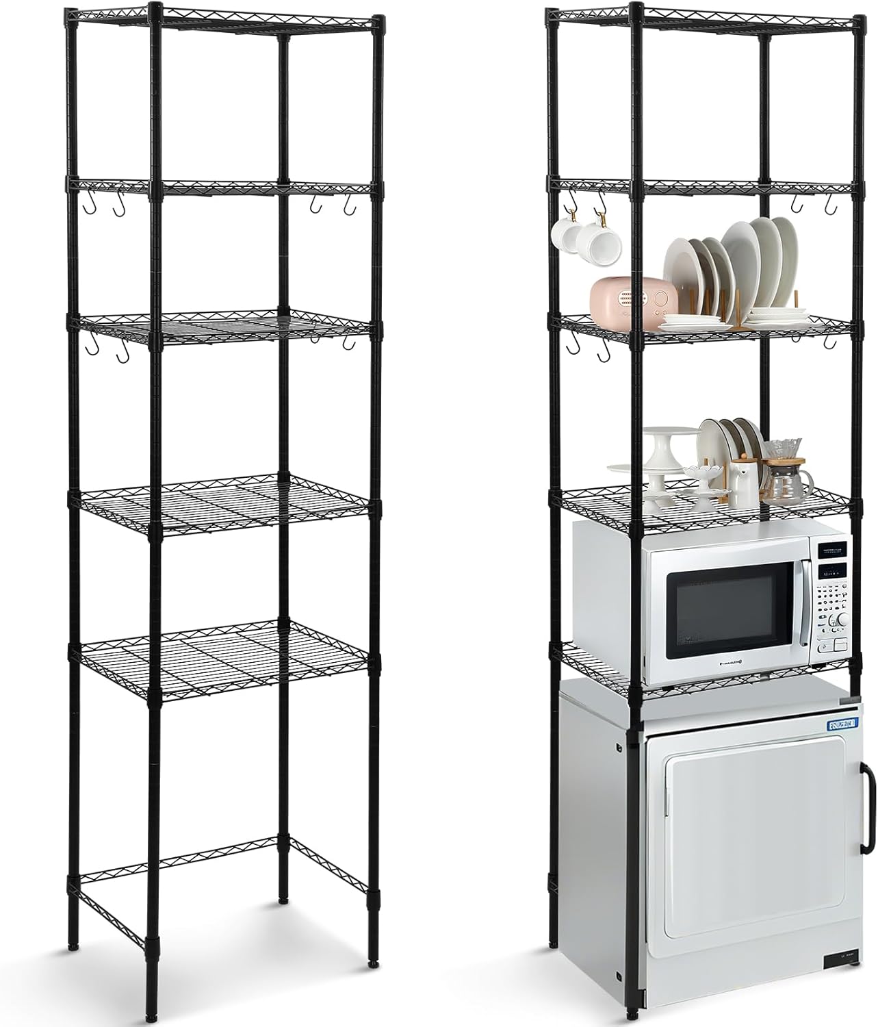 Huwena 5 Tier Mini Fridge Shelf Microwave Stand Heavy-Duty Adjustable Over Fridge Shelf Storage Rack, 8 Hook 25 Tube Heavy-Duty Stable Multilayer Metal Shelving Organizer for Dorm Apartment Kitchen