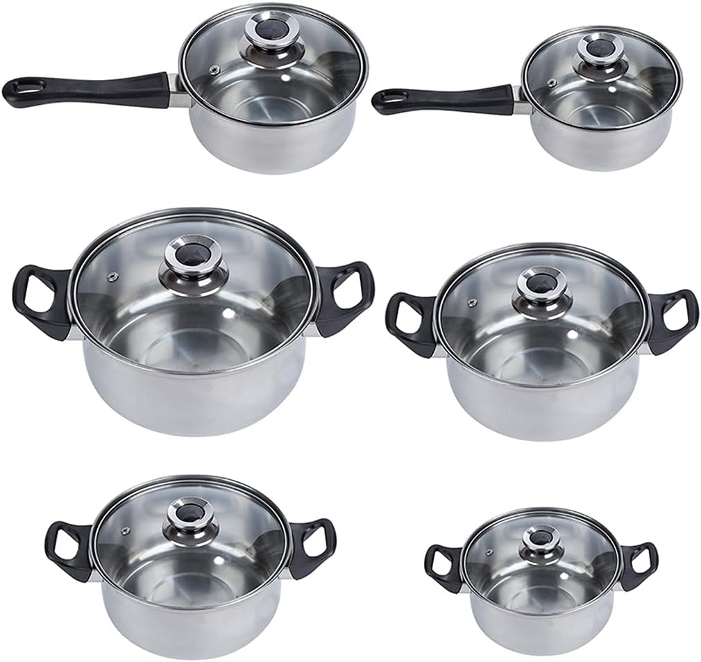Cookware Set 12 Piece Kitchen Stainless Steel Cooking Pot & Sets Induction Safe Saucecasserole Glass Lid S