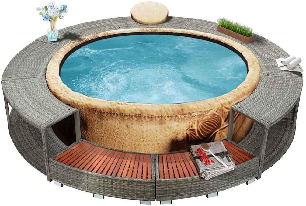 vidaXL Poly Rattan Hot Tub Surround with Built-in Storage - Durable Steel Frame and Weatherproof Eucalyptus Tropical Hardwood - Gray