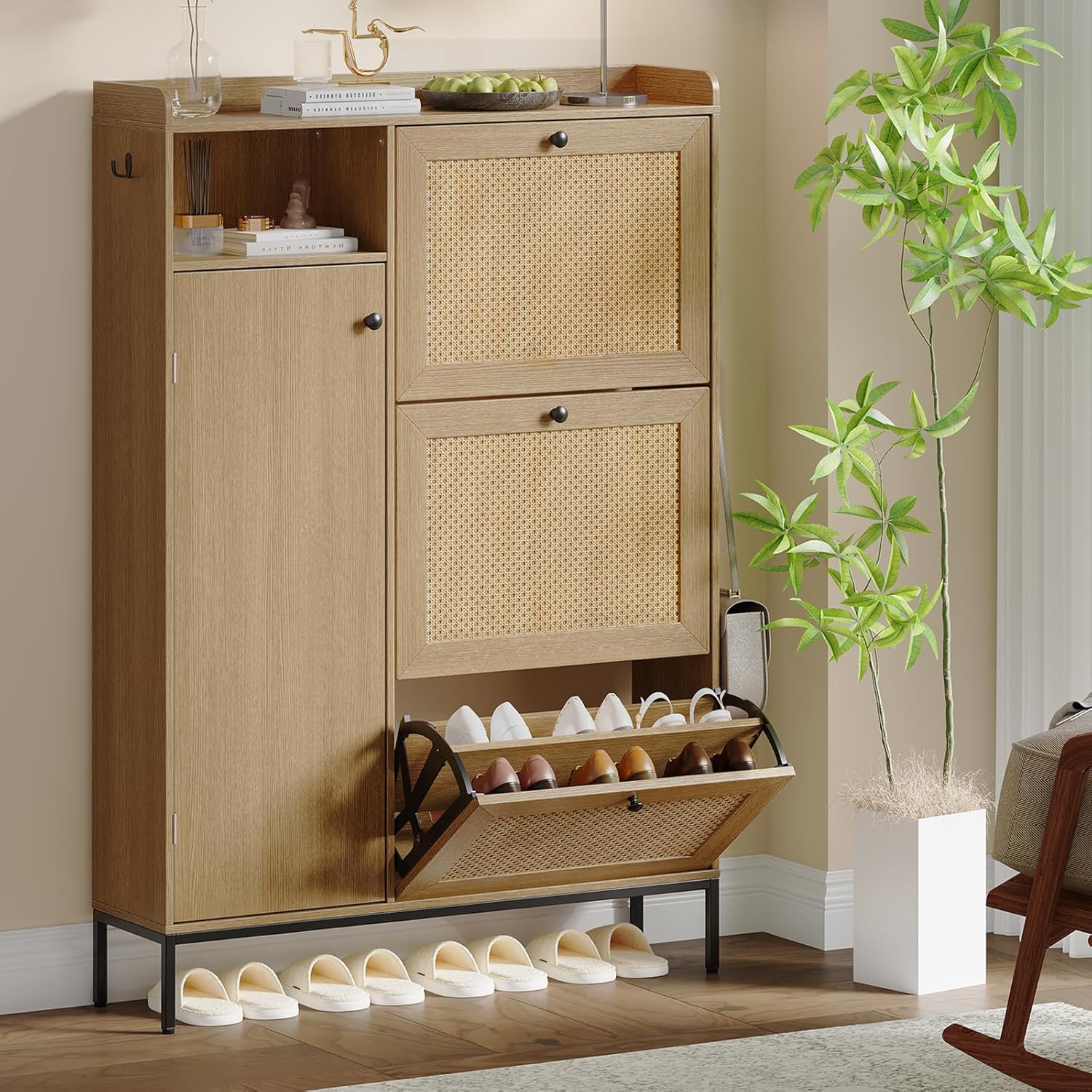 3 Tier Shoe Cabinet, Rattan Shoe Organizer with Flip Drawers, Adjustable Shelves and Top Grate, Narrow Free Standing Wood Shoe Storage Cabinet for Entryway, Hallway, Bedroom