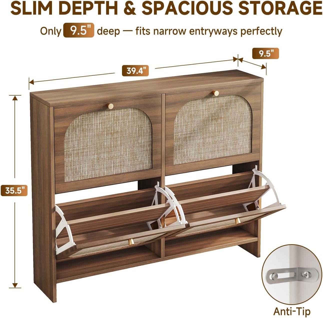 Shoe Storage Cabinet for Entryway, Freestanding Arched Rattan Accent Ultra Slim Shoe Cabinet with 2 Flip Drawers, Farmhouse Shoe Rack with 3-Tier Adjustable Shelves for Hallway Foyer Modern Rustic