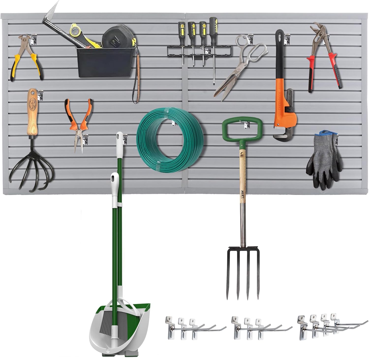 Slatwall Panel Garage Wall Organizer Storage Systems, Wall Mounted PVC Storage Rack with 10 Hooks, Interlocking Workshop Slat Wall Paneling Sheets Board Shelves Tools Organization-Grey (8’H x 4’W)