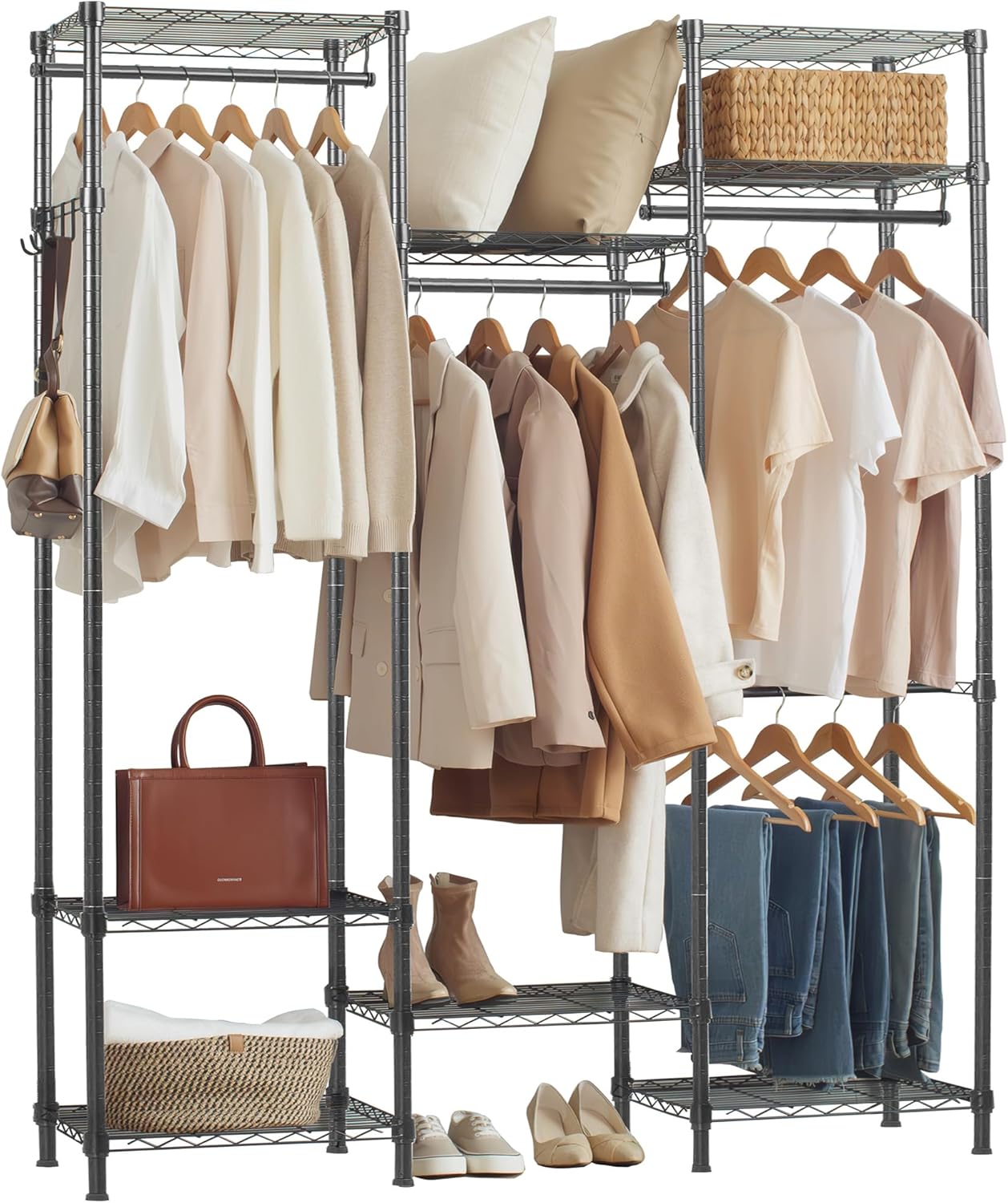 Portable Closet Wardrobe Heavy Duty Clothes Rack, Freestanding Clothing Rack with 4 Hang Rods & 8 Shelves, Adjustable Closet Rack, 57