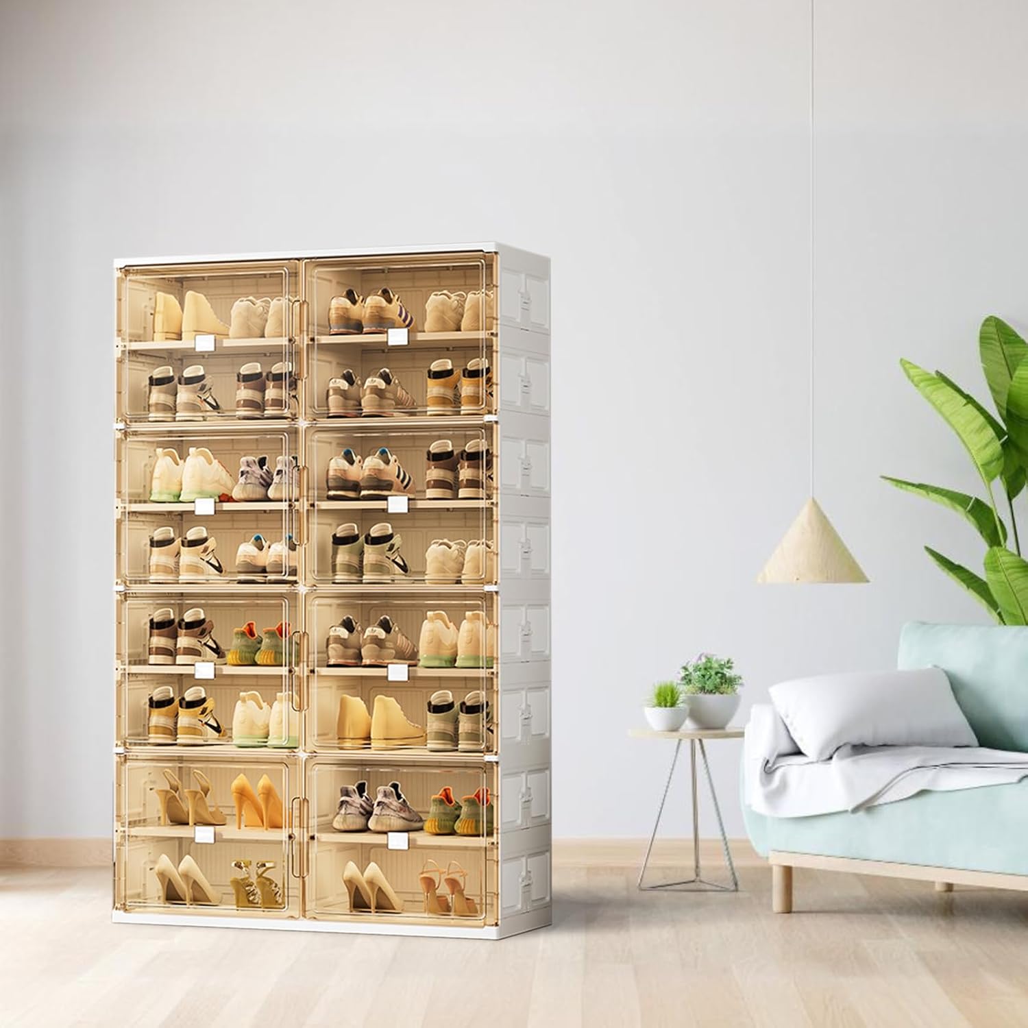 16 Pairs Shoes Storage Cabinet of 3-Step Fast Installation,Plastic Shoe Box with Clear Magnetic Door for Display, Shoe Organizer for Sneaker, Sandals, Heels (2 Row, 4 Tier)