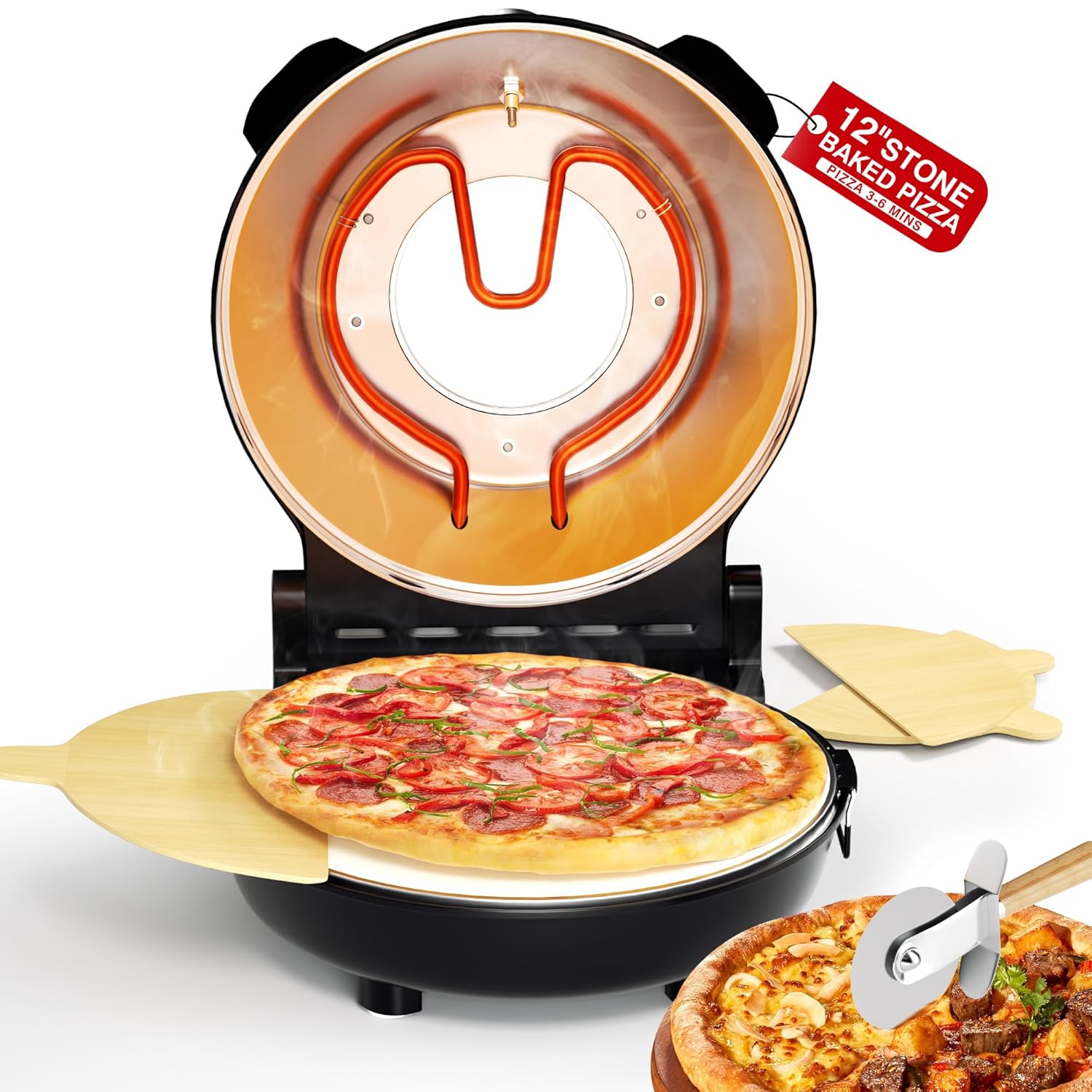 PYY Pizza Oven Indoor 12 Inch Electric Pizza Oven Countertop Heats up to 800℉ with Pizza Stone Viewing Window Thermometer Table Top Pizza Cooker Portable Pizza Maker Machine for Home Patio RV Dorm