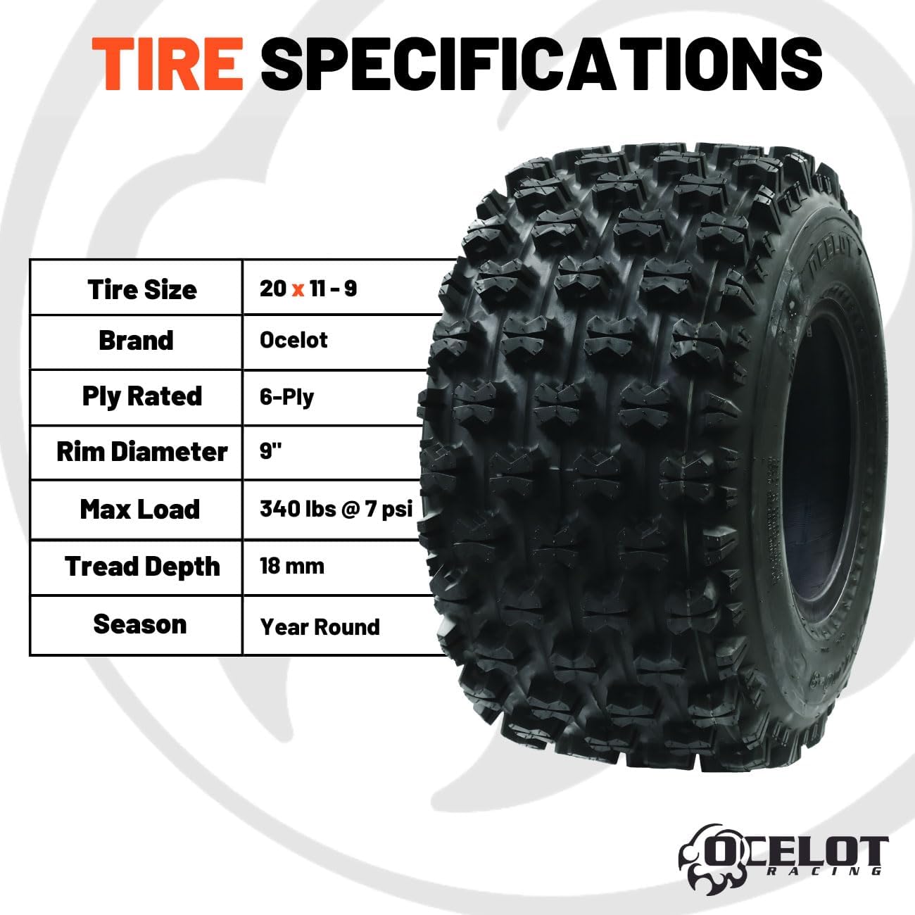 Ocelot P357 ATV Rear Tire 20x11-9 GNCC Holeshot Sport RAZR Style 6-Ply Bias Construction with Non-Directional Tread Pattern For Durability, Grip, and Traction