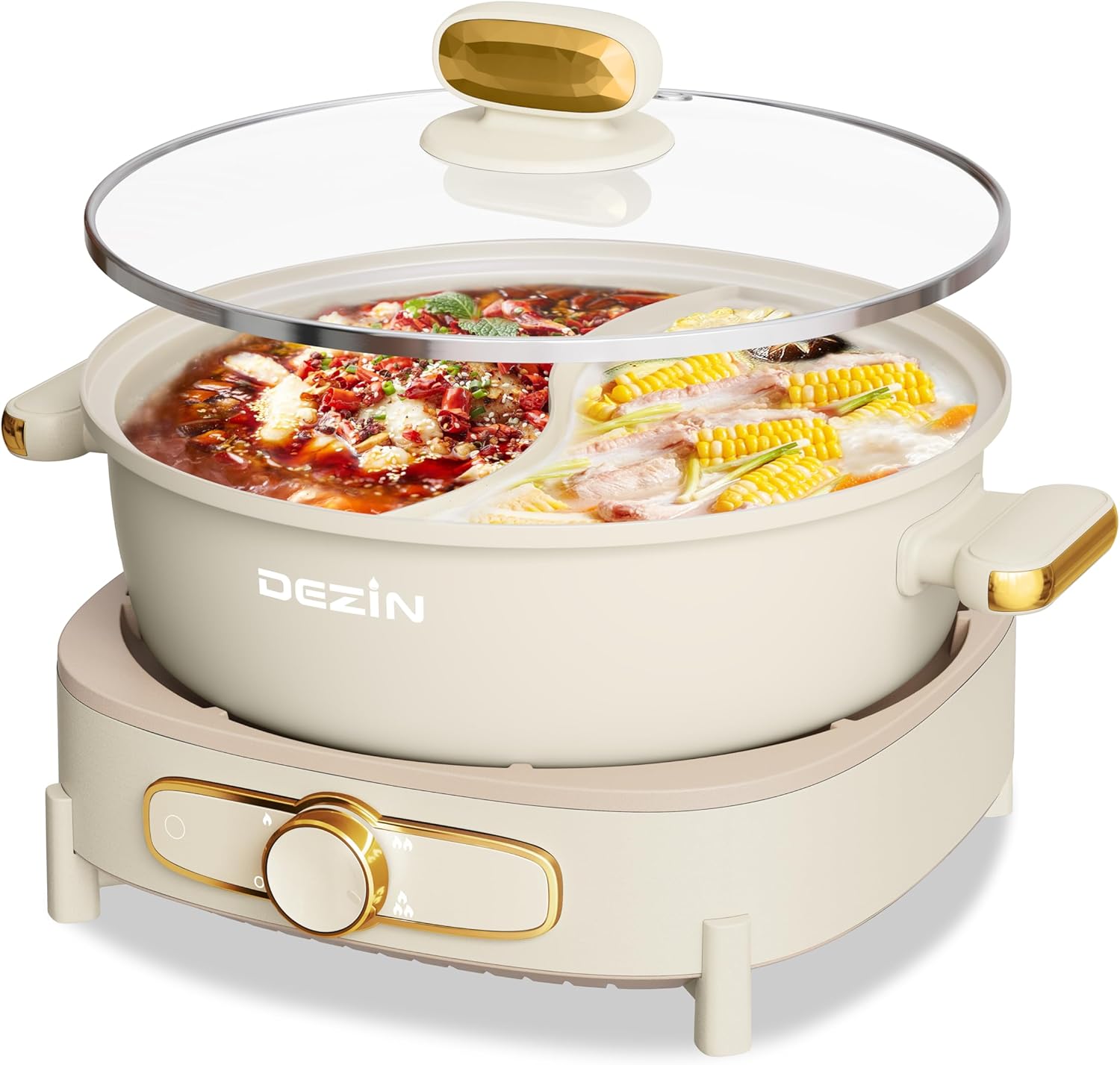 Dezin Hot Pot Electric with Divider, 6L Double-Flavor Shabu Shabu Pot, Dual Sided Removable Non-Stick Hotpot Pot Electric, 3