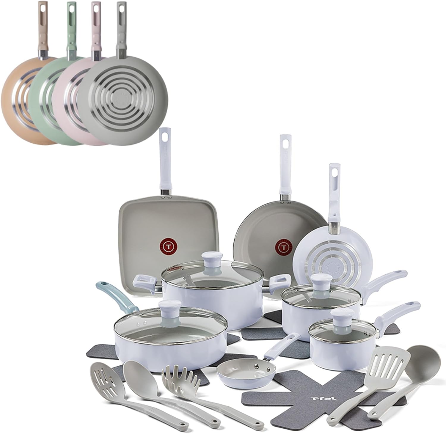 T-Fal Refresh Ceramic Nonstick Cookware Set, Oven Safe Up to 350ºF, 12-Piece, Includes Stockpot, Griddle, Frying Pans, Utensils, Ceramic Pots and Pans Set, Mint Green