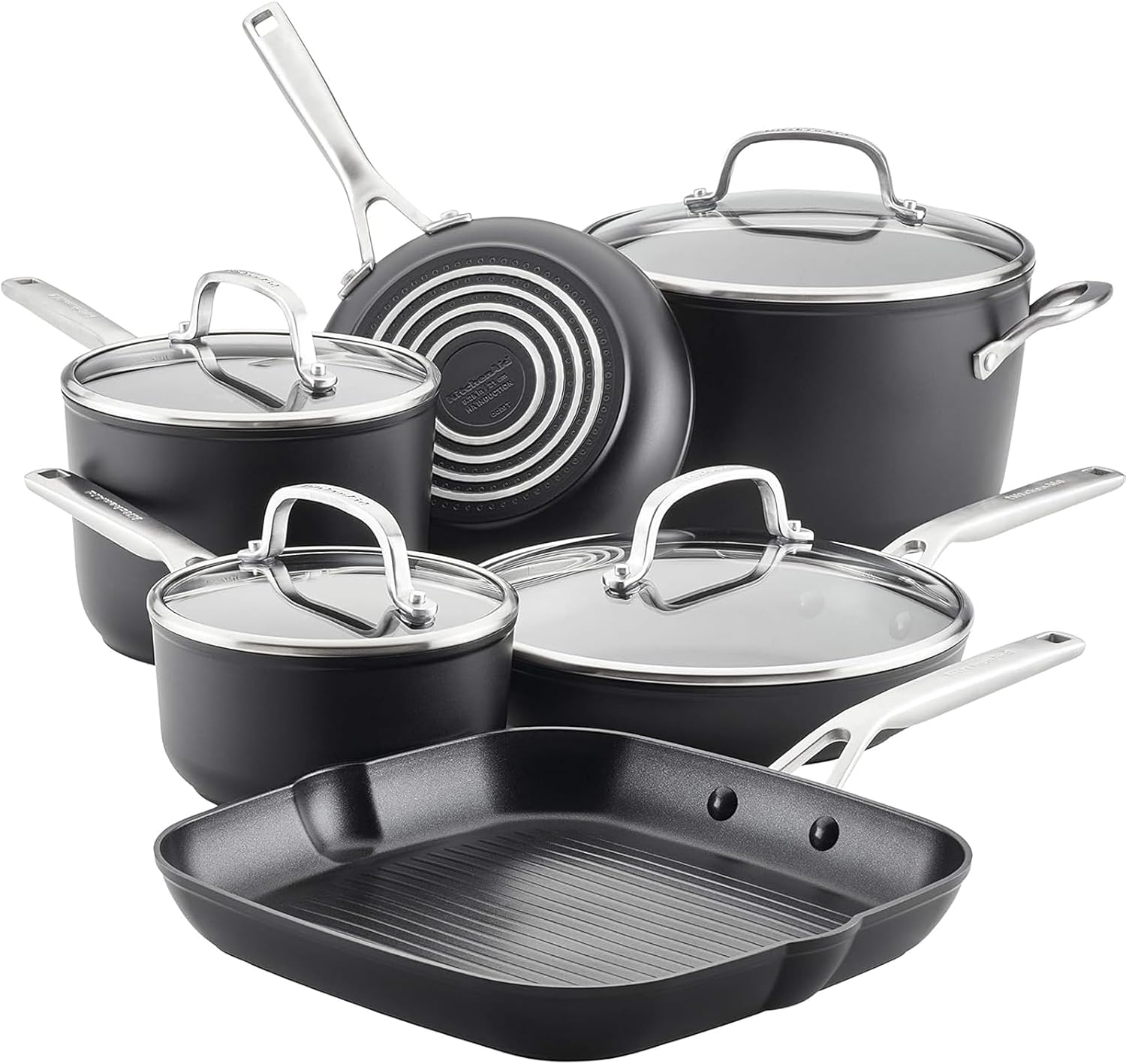 KitchenAid Hard Anodized Induction Nonstick Frying Pan Set With Lid, 3-Piece – 8 & 10 Inch Skillets, Durable, Even Heating, Dishwasher & Oven Safe, Easy-Clean, Matte Black