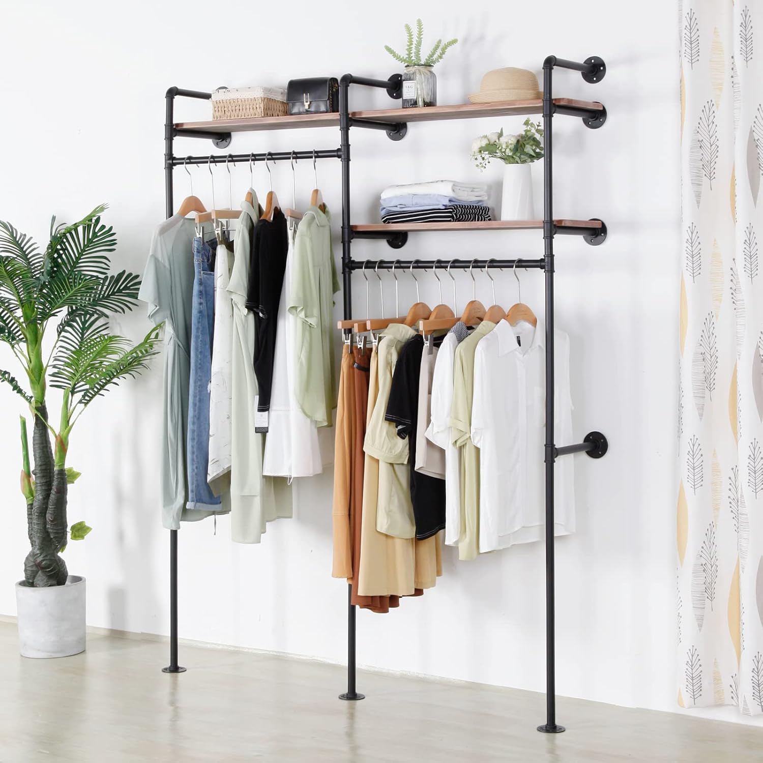 Wall Mounted Industrial Pipe Clothing Rack with 2 Tier Storage Shelf, Black Heavy Duty Metal Clothes Racks Vintage Retail Garment Rack for Hanging Clothes Retail Display, Boutiques