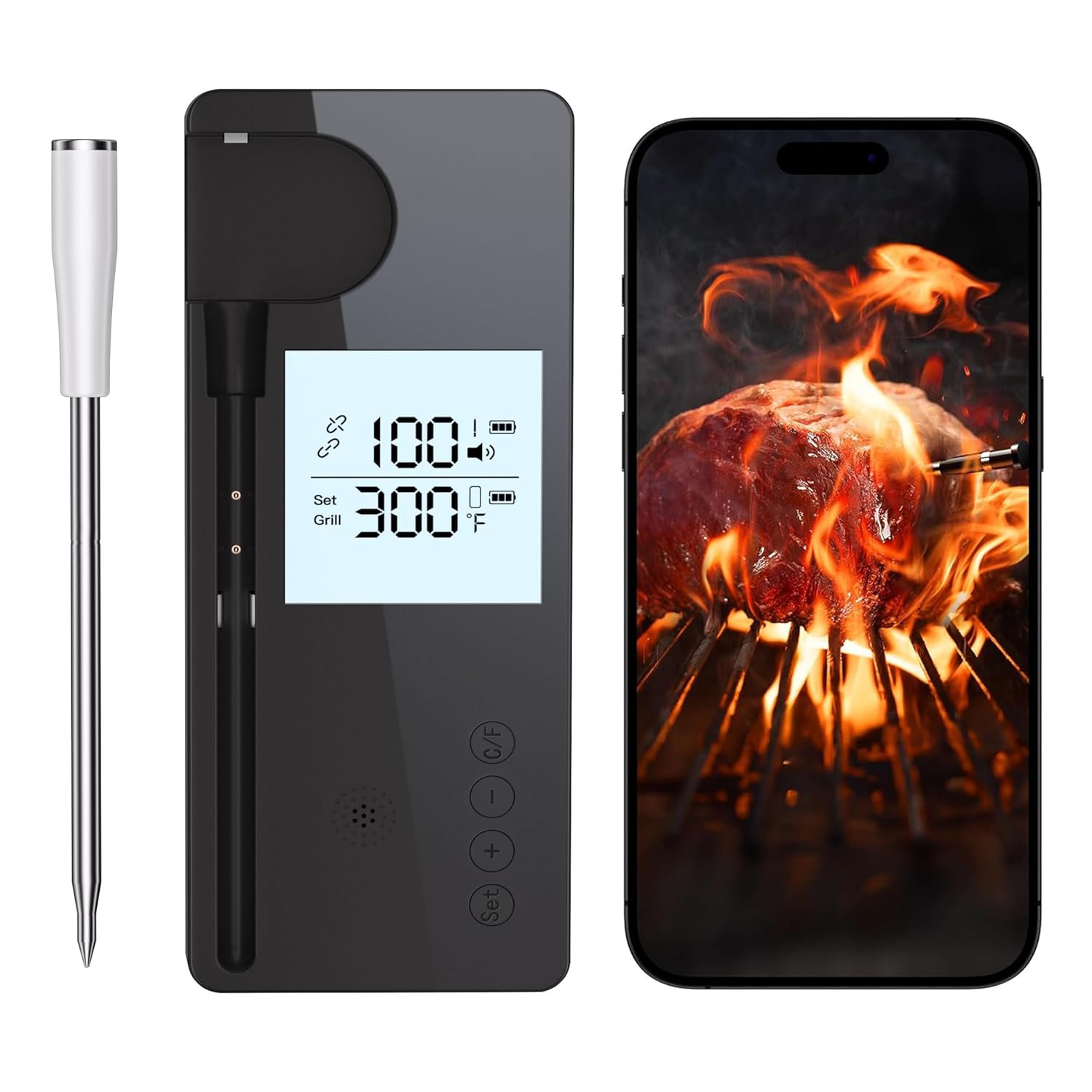 NTMY Wireless Meat Thermometer [High Accuracy Ceramics Probe] [72H Continuous Cooking] Long Range Bluetooth Meat Thermometer Dual Alerts Rechargeable Smart APP Monitoring for BBQ Grill Oven