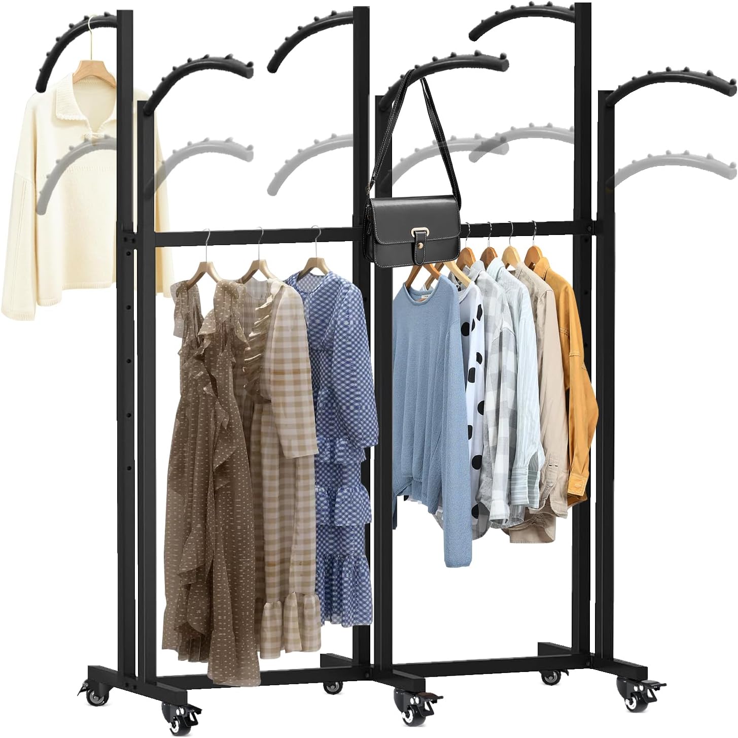 Floor Standing Metal Garment Rack, 6 Arms Clothing Display Rack with Wheels, Heavy Duty 48'' to 67'' Adjustable Height Retail Clothes Rack Rolling Shirt Rack for Hanging Clothes, Gold